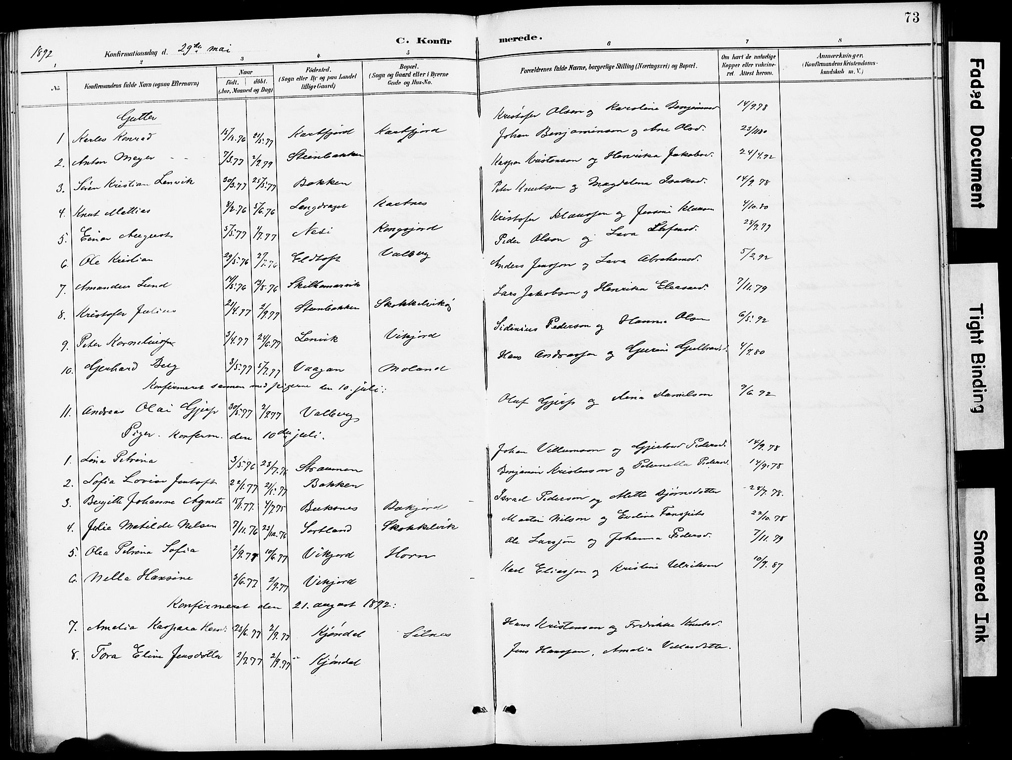 Ministerialprotokoller, klokkerbøker og fødselsregistre - Nordland, AV/SAT-A-1459/884/L1197: Parish register (copy) no. 884C03, 1888-1926, p. 73