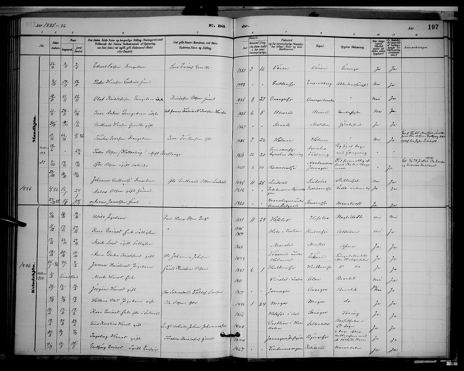 Gran prestekontor, SAH/PREST-112/H/Ha/Hab/L0002: Parish register (copy) no. 2, 1879-1892, p. 197