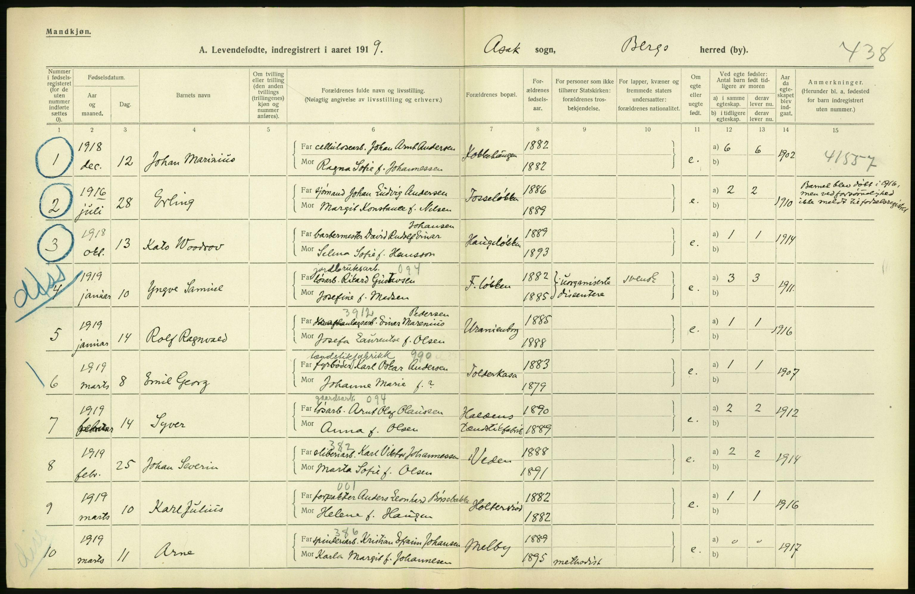 Statistisk sentralbyrå, Sosiodemografiske emner, Befolkning, RA/S-2228/D/Df/Dfb/Dfbi/L0001: Østfold fylke: Levendefødte menn og kvinner. Bygder., 1919, p. 486