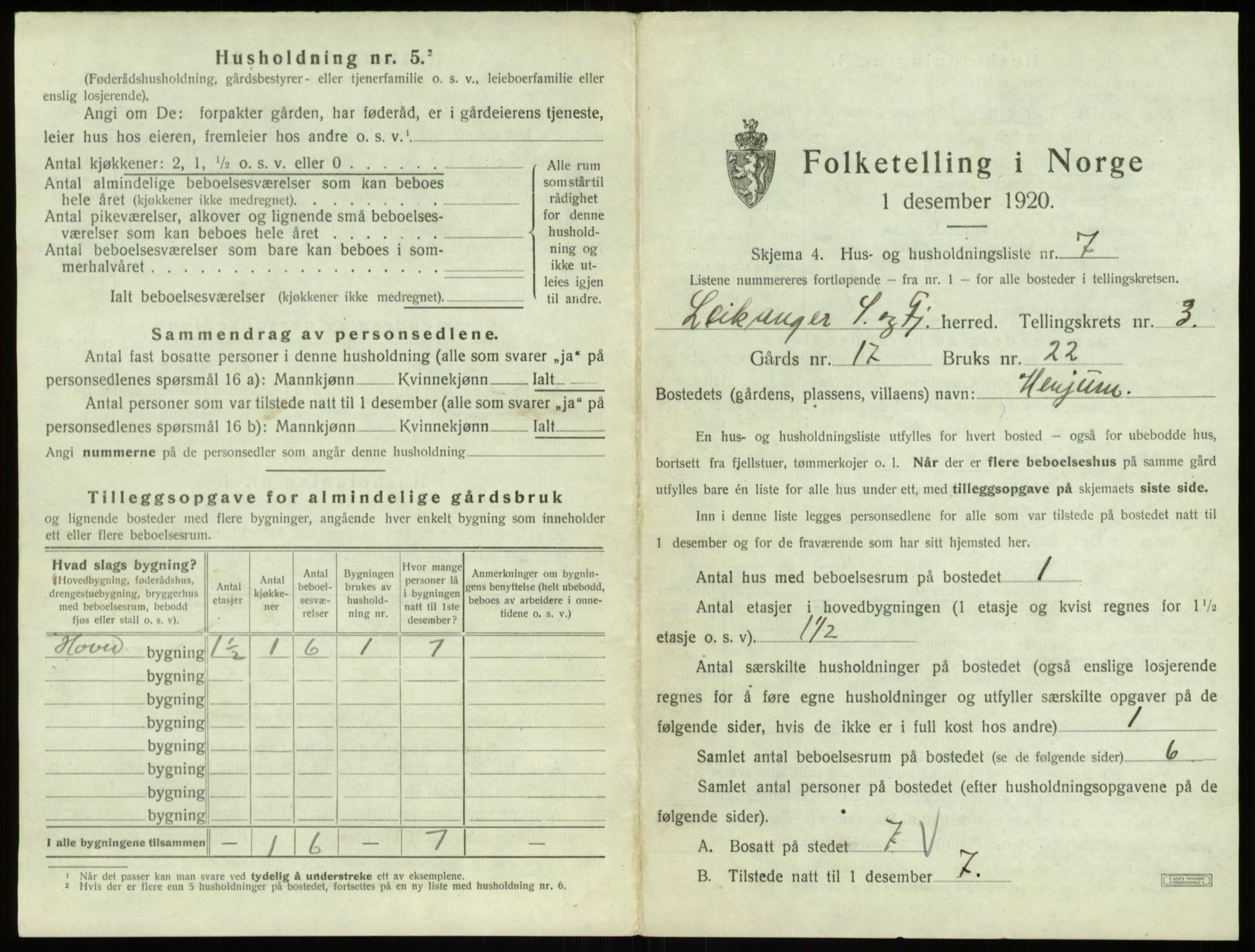 SAB, 1920 census for Leikanger, 1920, p. 290