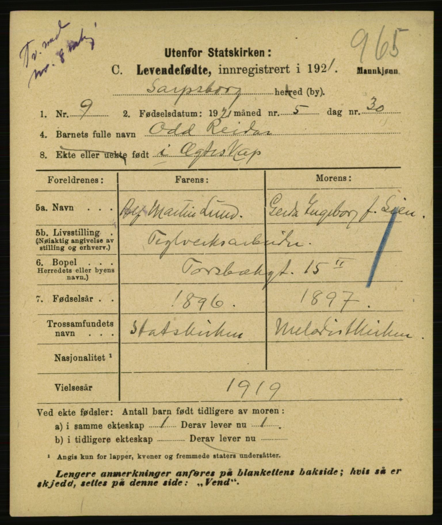 Statistisk sentralbyrå, Sosiodemografiske emner, Befolkning, AV/RA-S-2228/E/L0019: Fødte, gifte, døde dissentere., 1921, p. 5