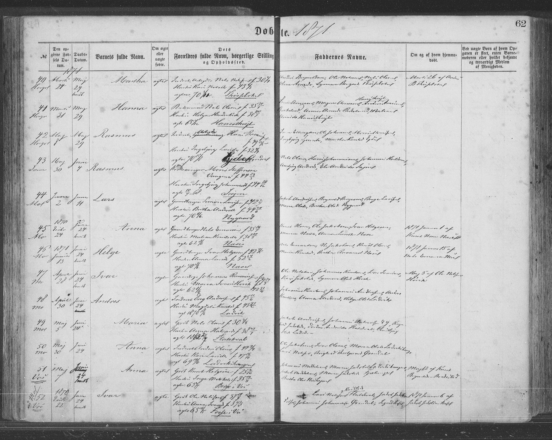 Hosanger sokneprestembete, SAB/A-75801/H/Haa: Parish register (official) no. A 9, 1864-1876, p. 62