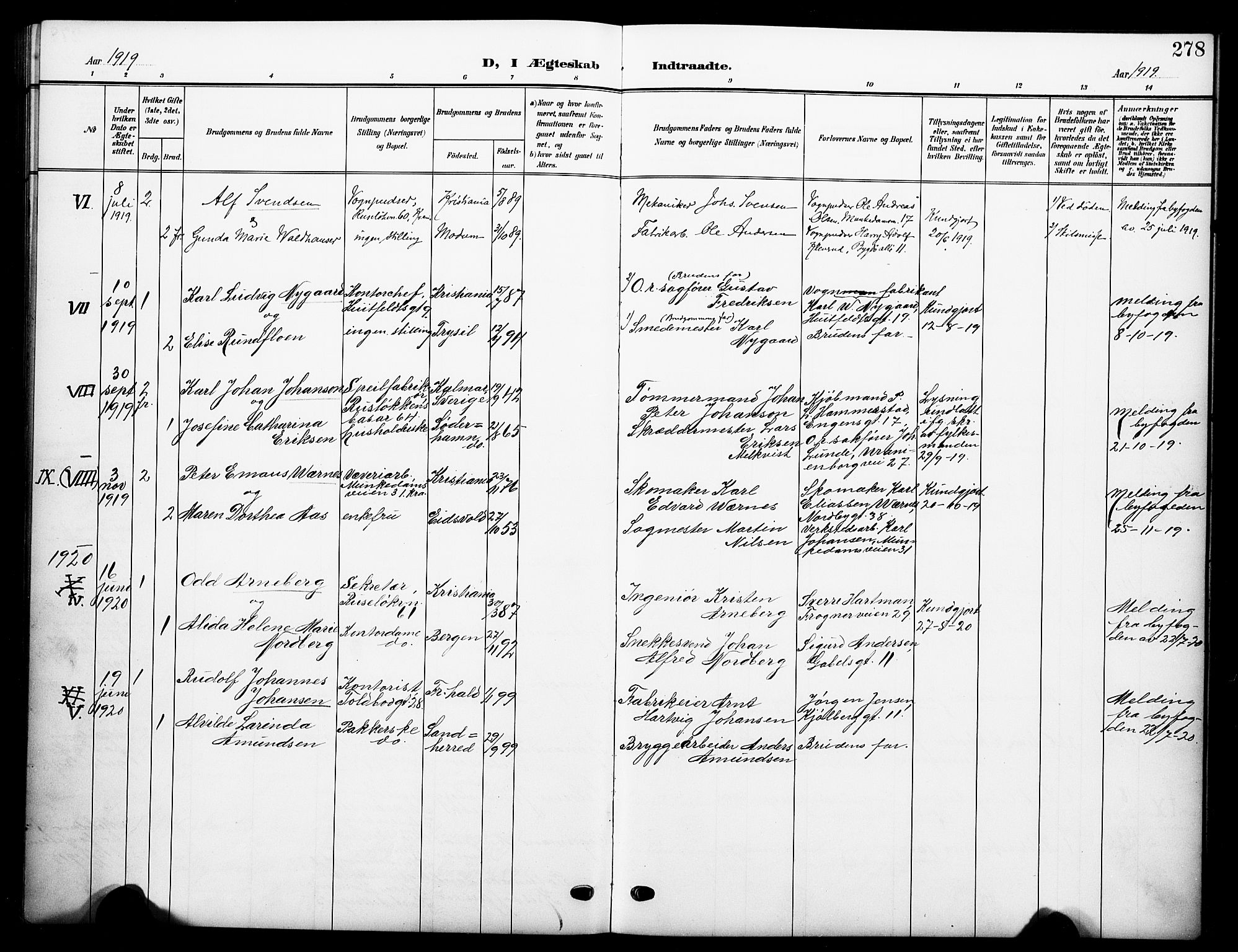Johannes prestekontor Kirkebøker, SAO/A-10852/F/Fa/L0010: Parish register (official) no. 10, 1907-1919, p. 278