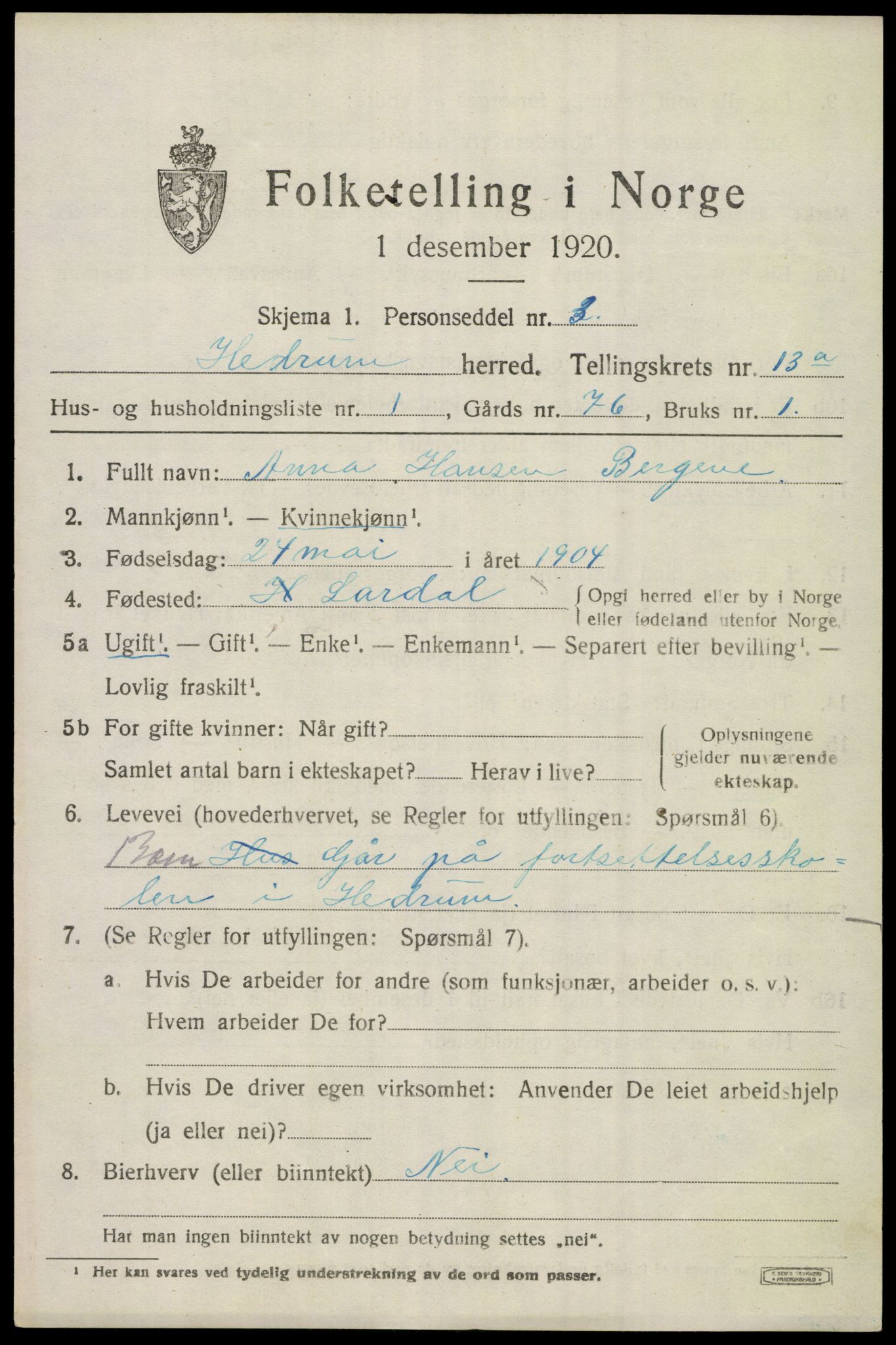 SAKO, 1920 census for Hedrum, 1920, p. 8593