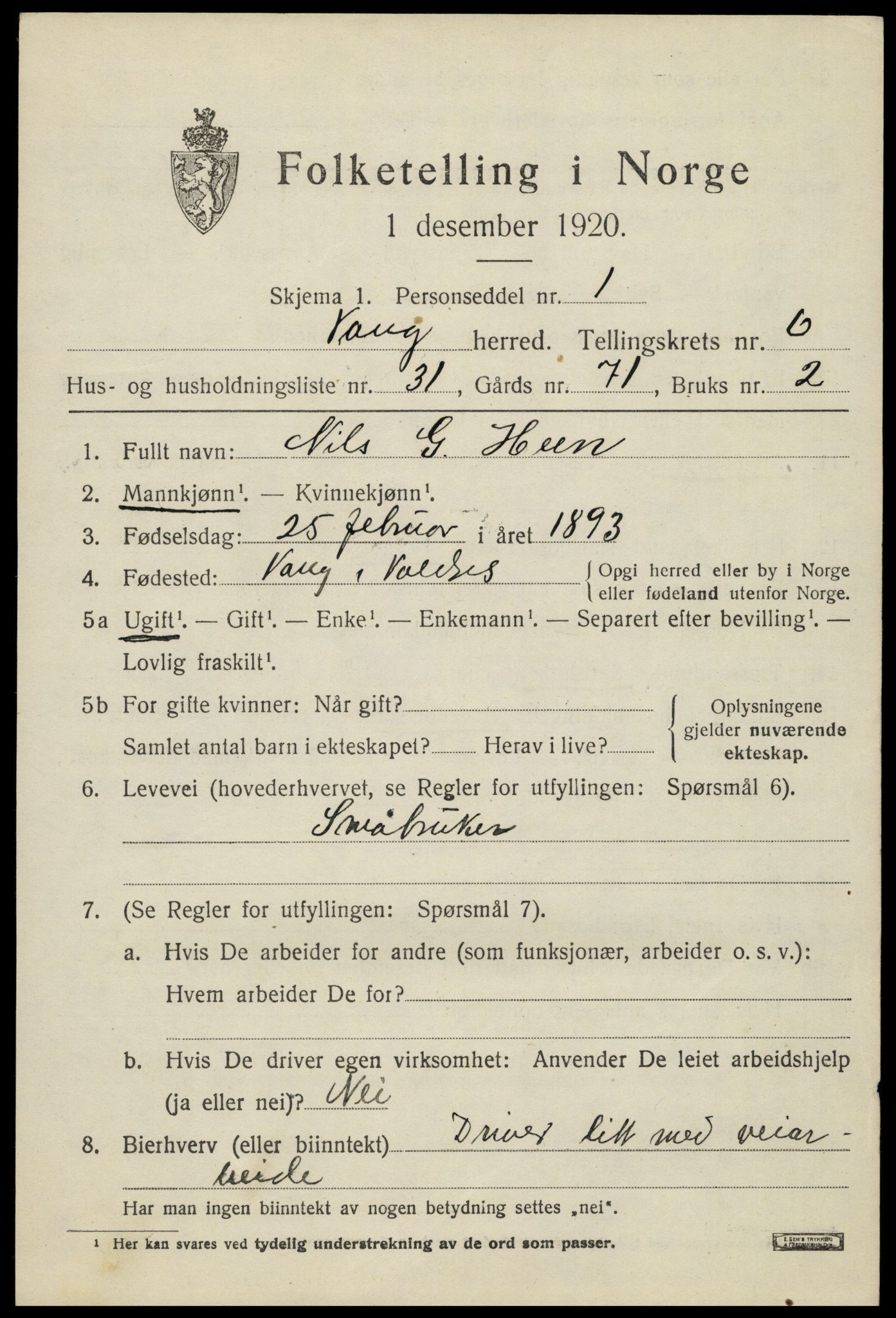 SAH, 1920 census for Vang (Oppland), 1920, p. 3075