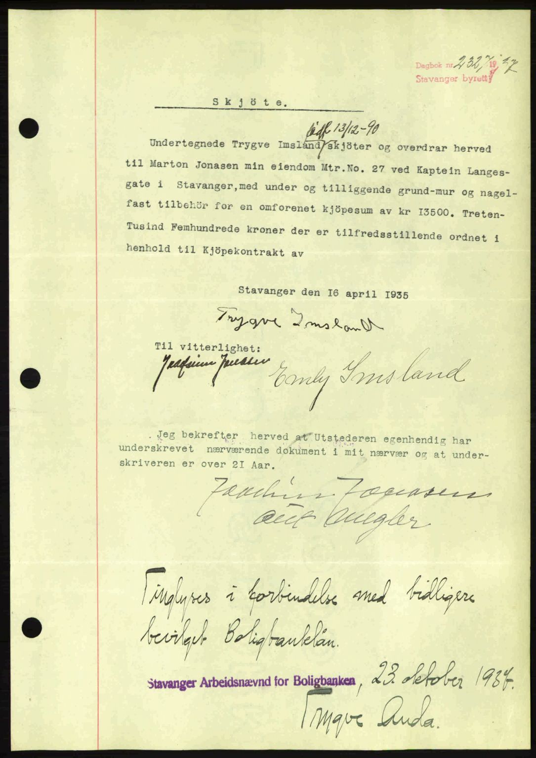 Stavanger byrett, SAST/A-100455/002/G/Gb/L0013: Mortgage book no. A3, 1937-1938, Diary no: : 2327/1937