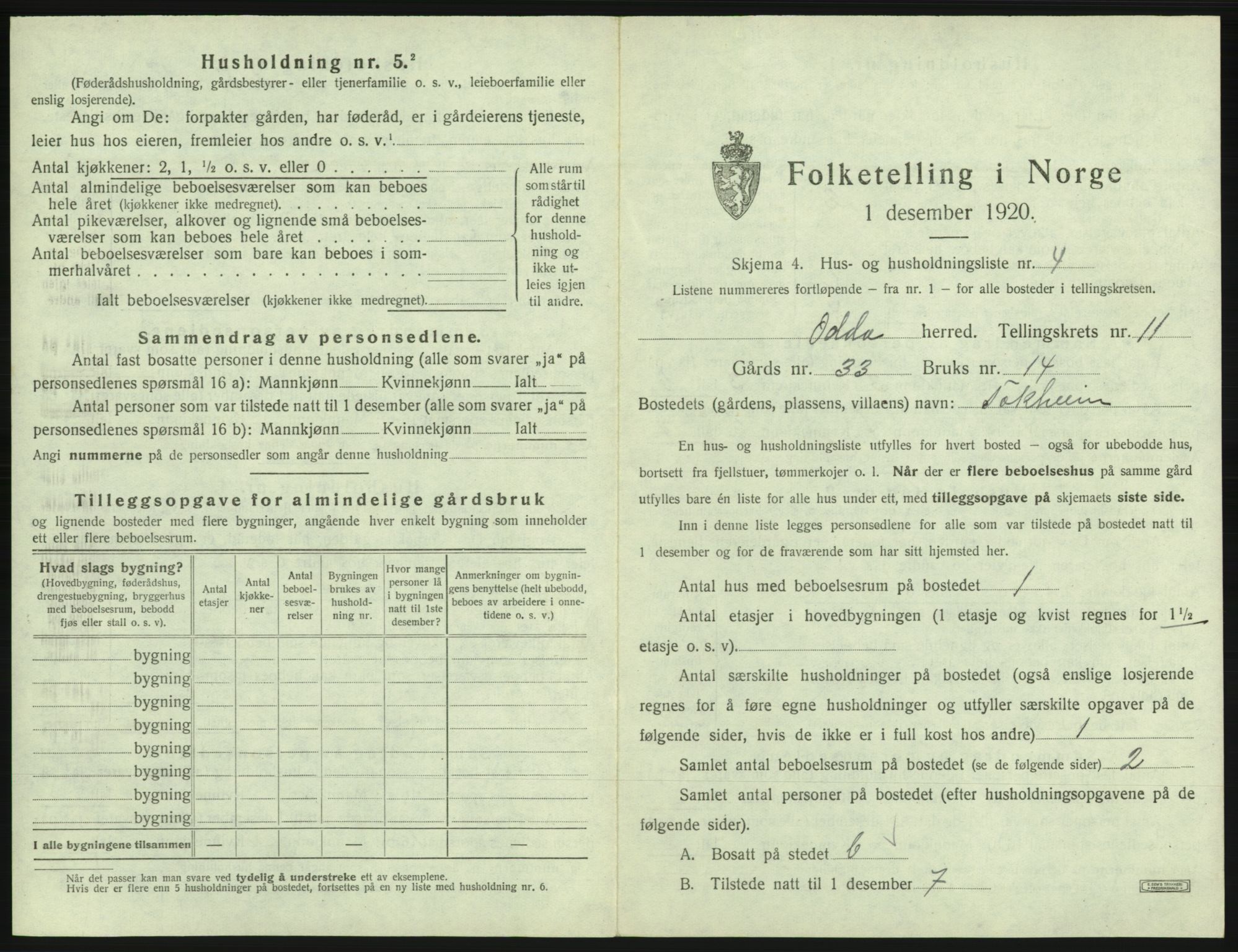 SAB, 1920 census for Odda, 1920, p. 1019