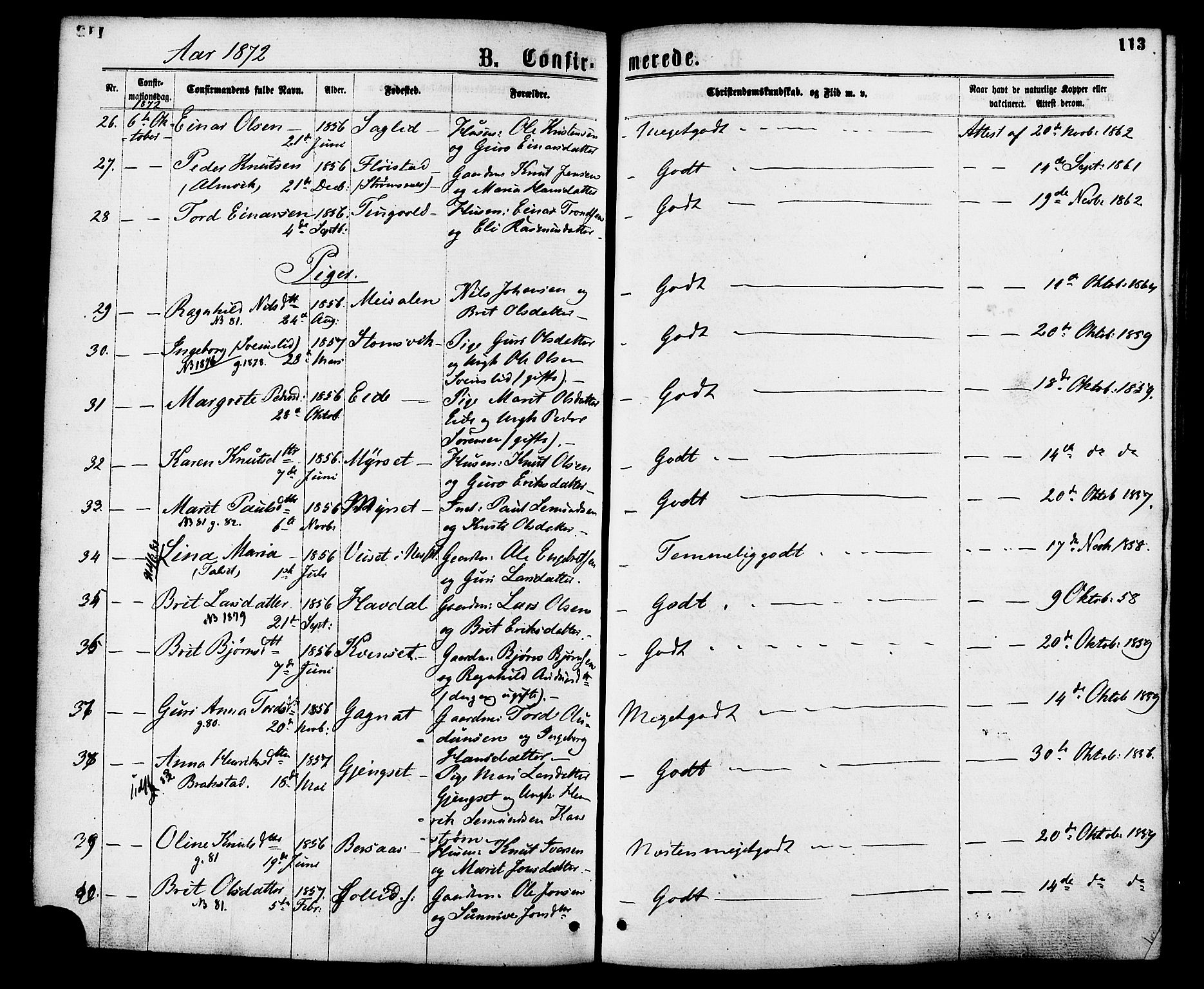 Ministerialprotokoller, klokkerbøker og fødselsregistre - Møre og Romsdal, SAT/A-1454/586/L0986: Parish register (official) no. 586A12, 1867-1878, p. 113