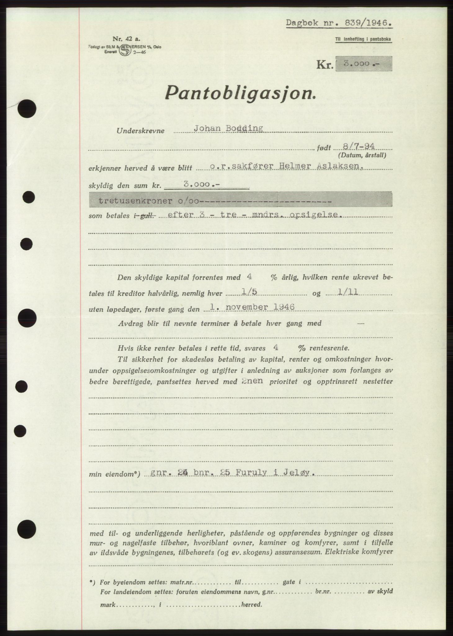 Moss sorenskriveri, AV/SAO-A-10168: Mortgage book no. B15, 1946-1946, Diary no: : 839/1946