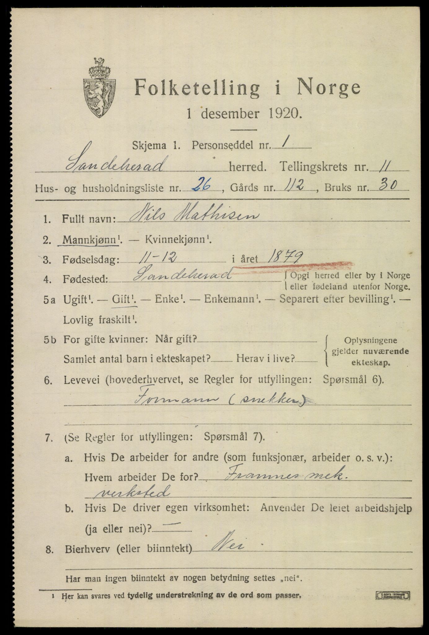 SAKO, 1920 census for Sandeherred, 1920, p. 15920