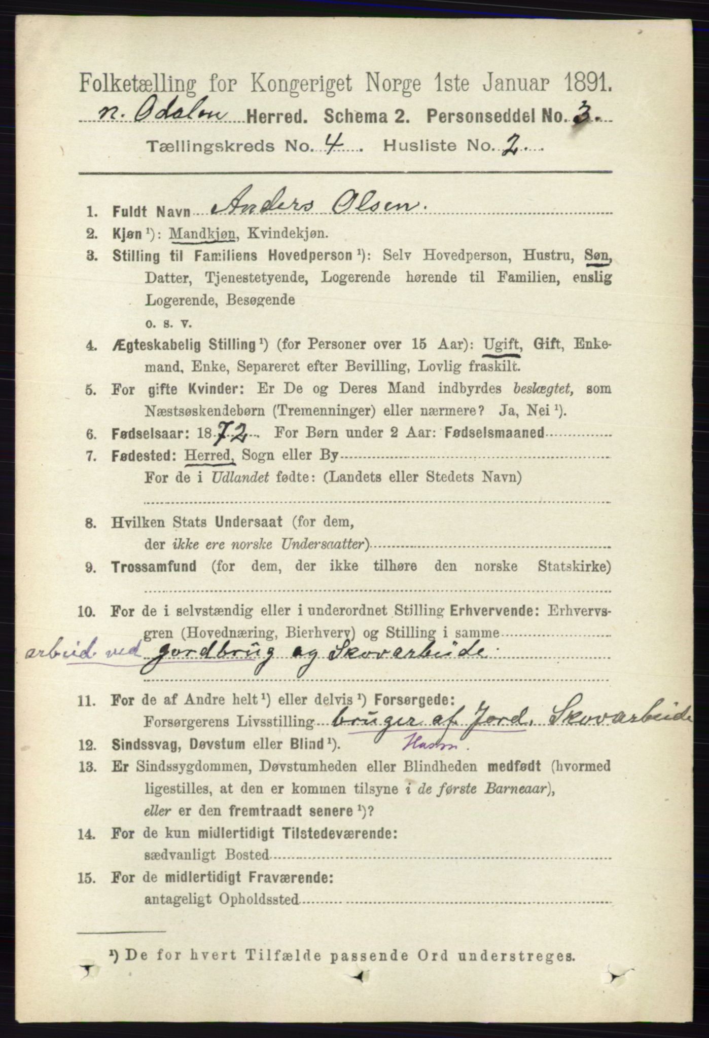 RA, 1891 census for 0418 Nord-Odal, 1891, p. 1272