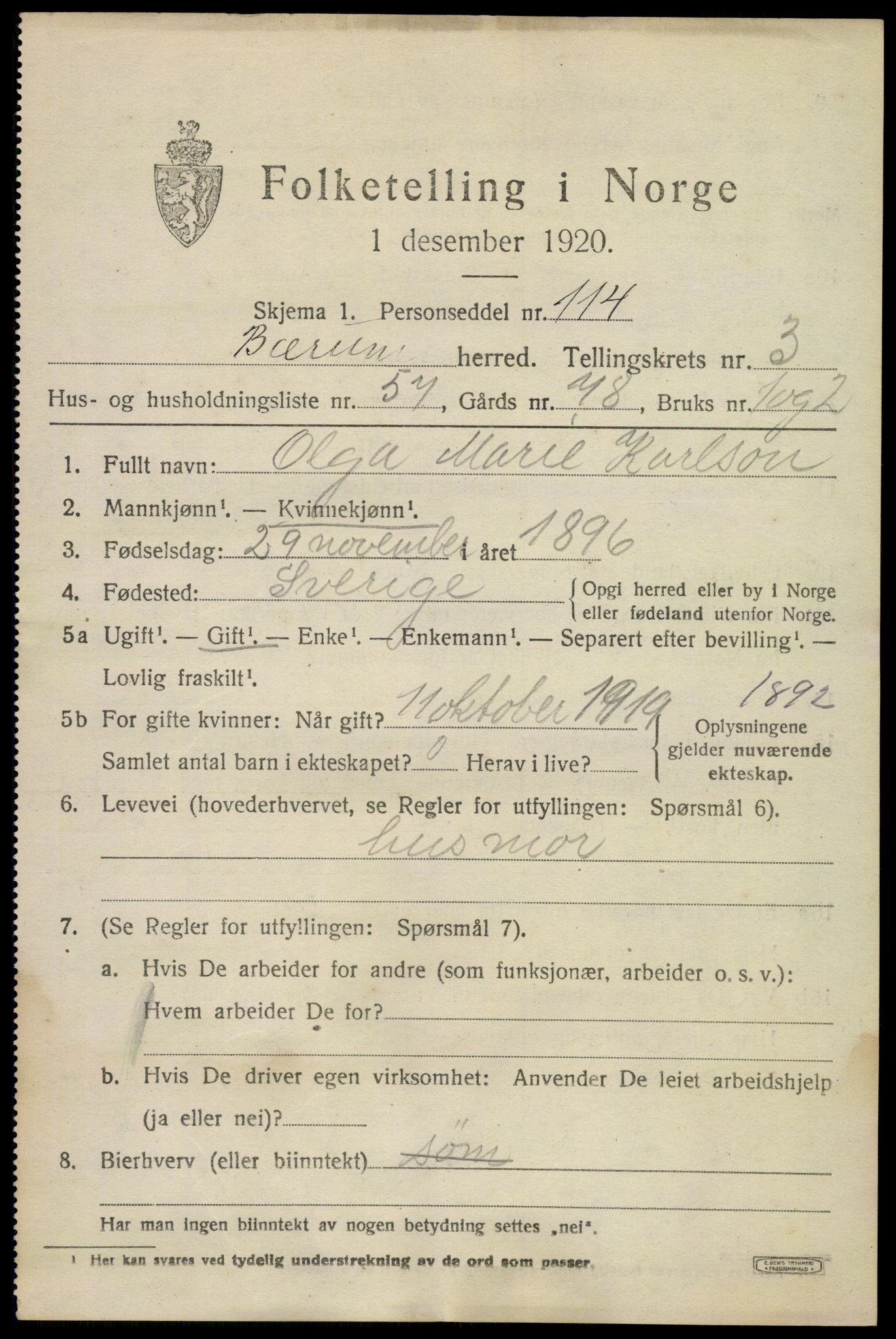 SAO, 1920 census for Bærum, 1920, p. 8212