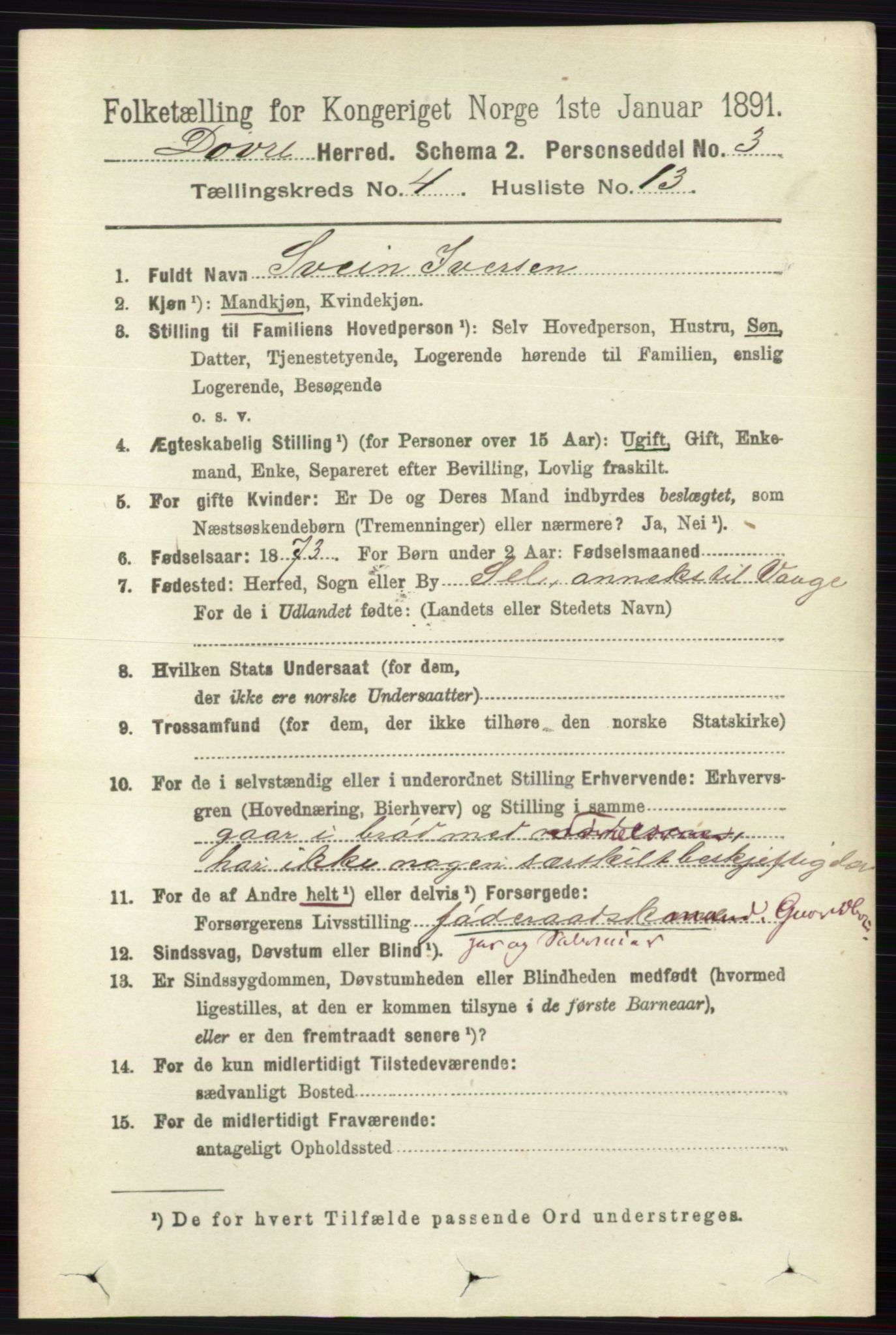 RA, 1891 census for 0511 Dovre, 1891, p. 2040