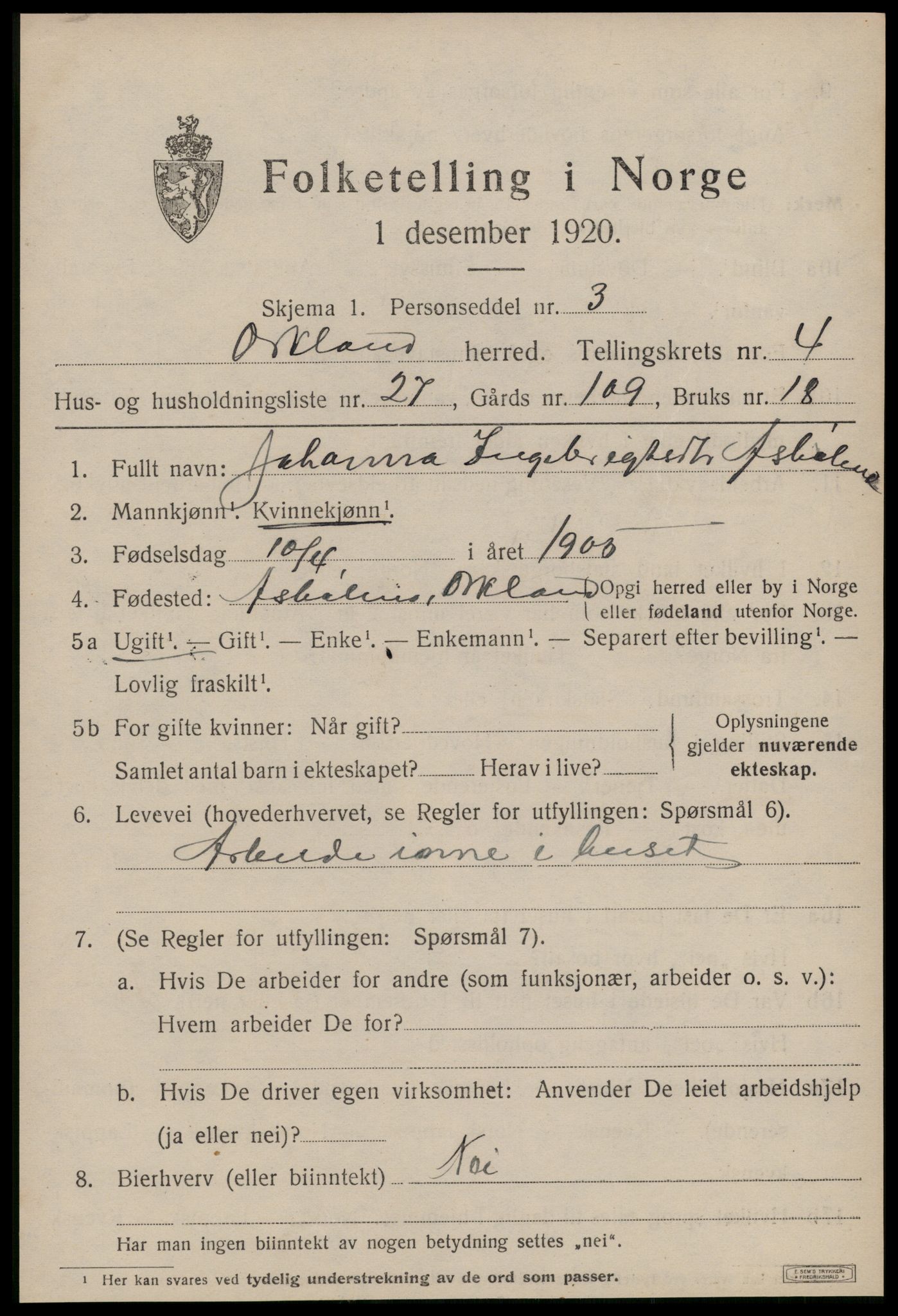 SAT, 1920 census for Orkland, 1920, p. 3642