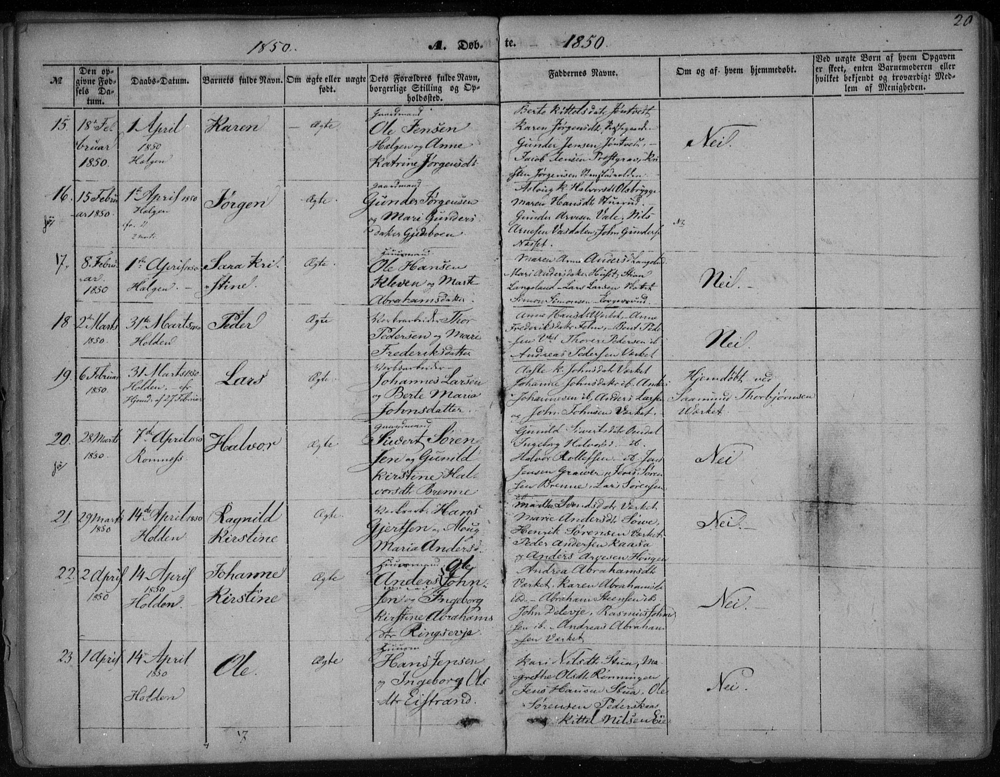 Holla kirkebøker, AV/SAKO-A-272/F/Fa/L0005: Parish register (official) no. 5, 1849-1860, p. 20