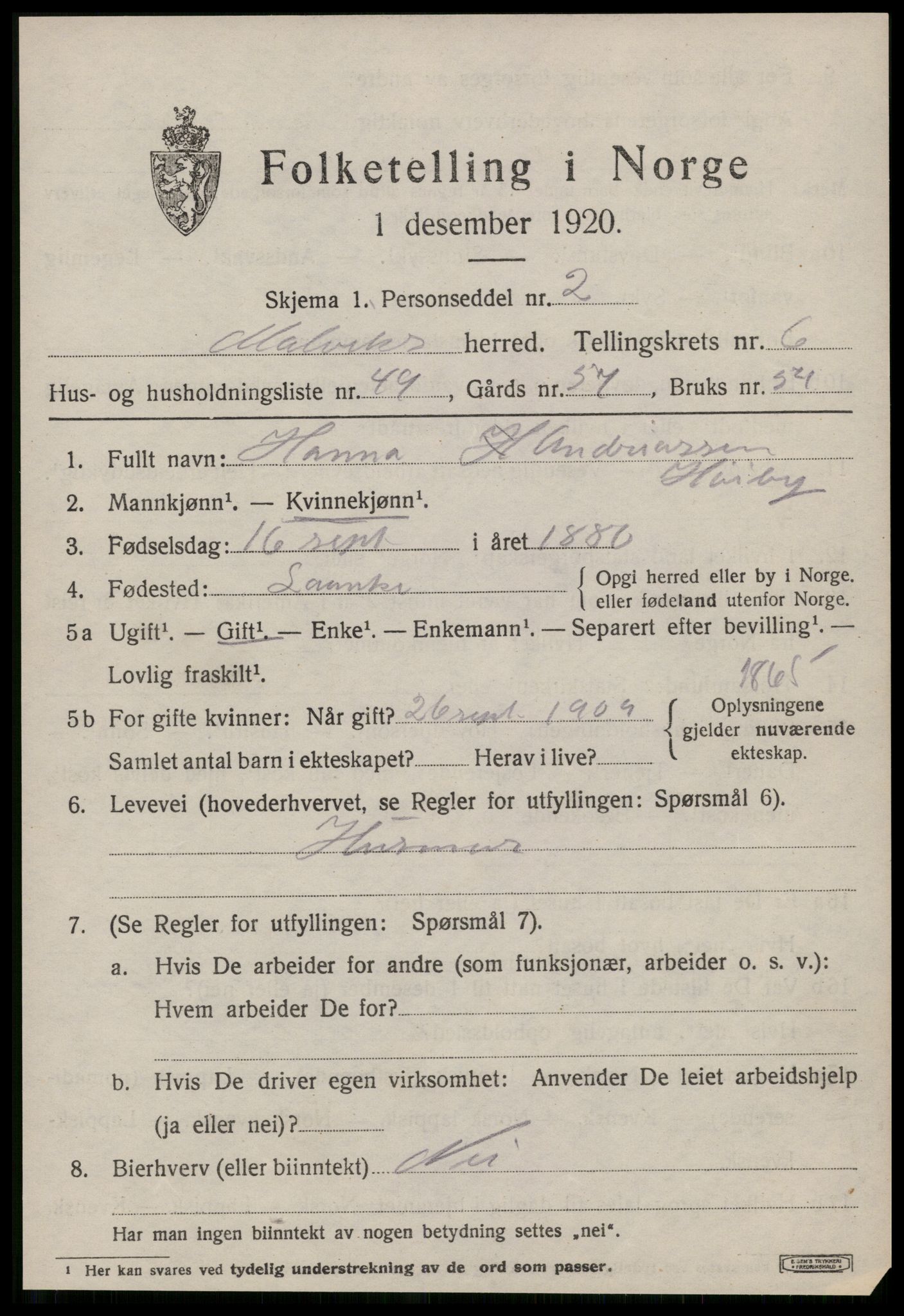 SAT, 1920 census for Malvik, 1920, p. 6250