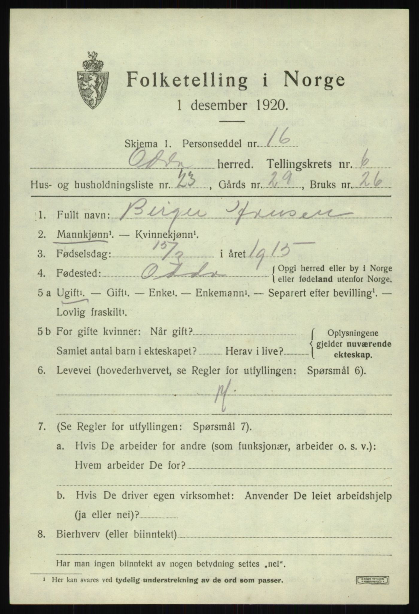 SAB, 1920 census for Odda, 1920, p. 4679