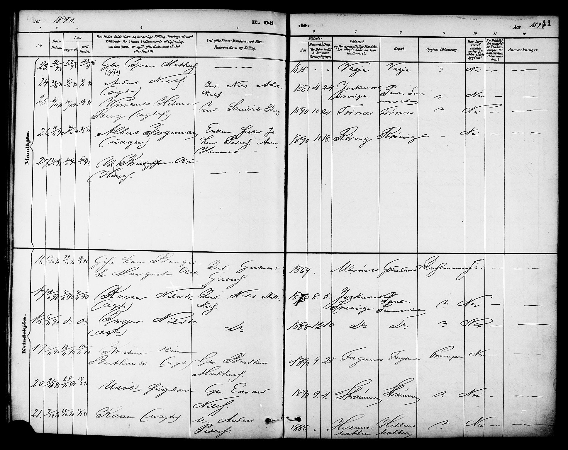 Ministerialprotokoller, klokkerbøker og fødselsregistre - Nordland, AV/SAT-A-1459/861/L0870: Parish register (official) no. 861A05, 1889-1903, p. 41