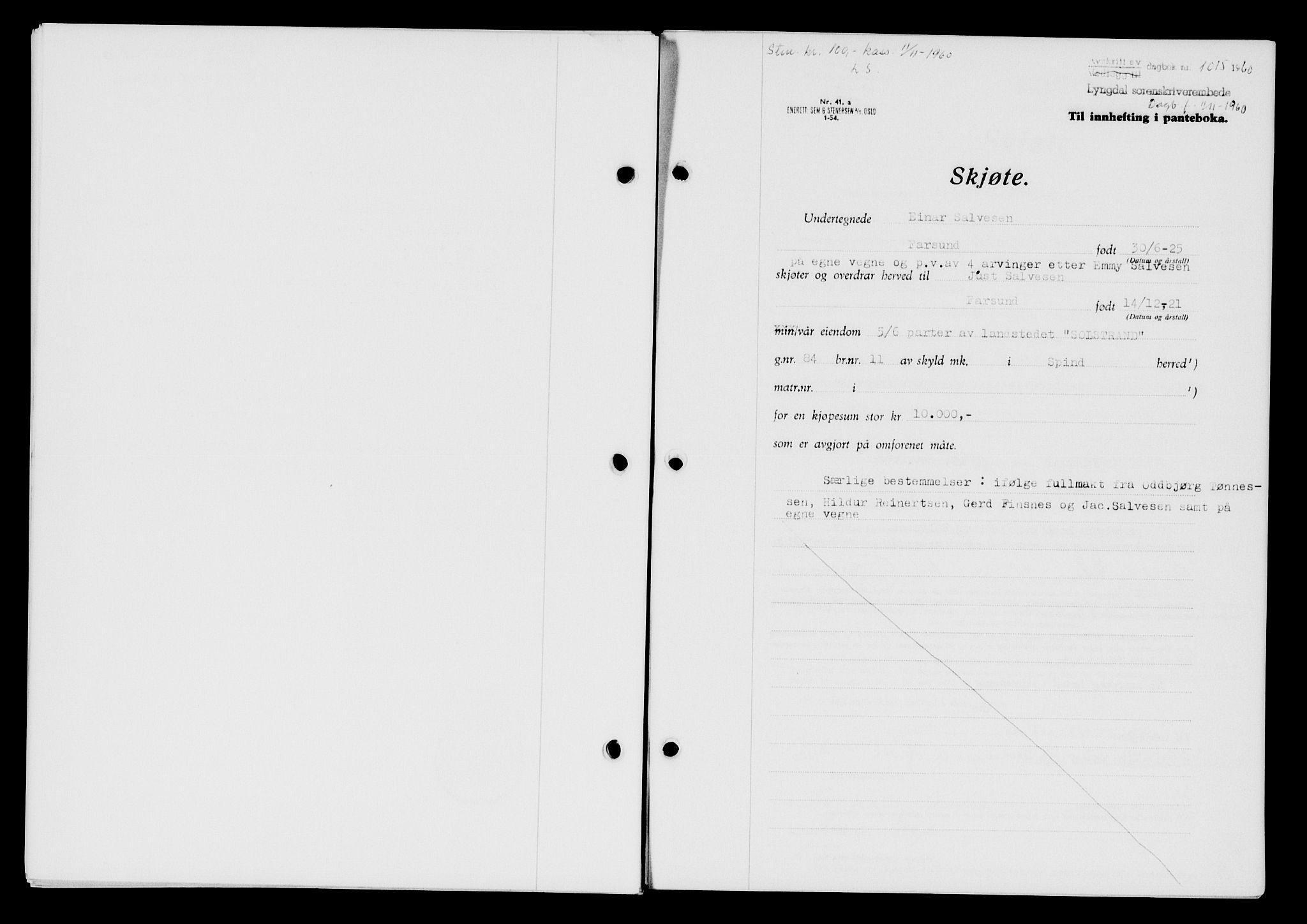 Lyngdal sorenskriveri, AV/SAK-1221-0004/G/Gb/L0680: Mortgage book no. A XXVI, 1960-1960, Diary no: : 1015/1960