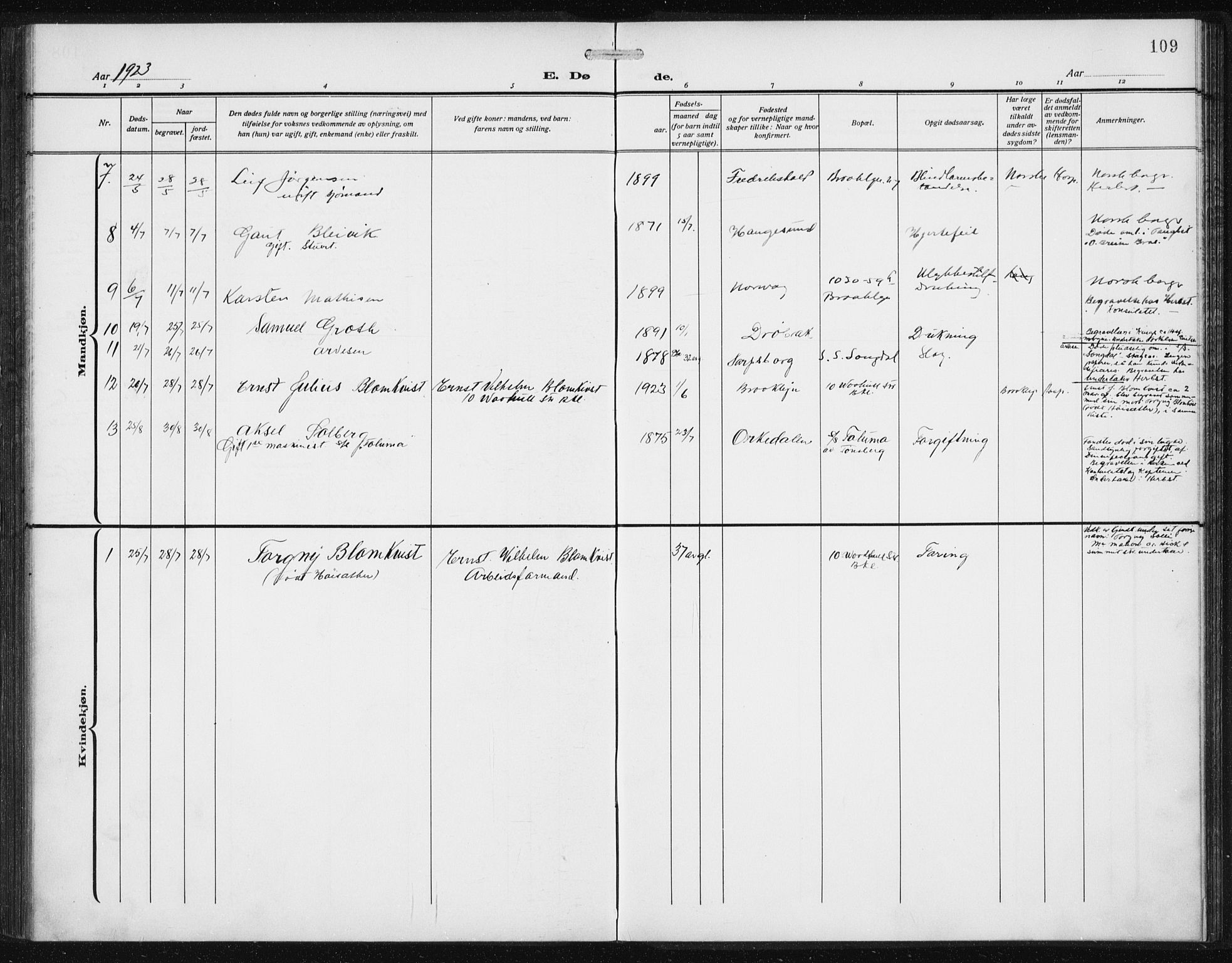 Den norske sjømannsmisjon i utlandet/New York, AV/SAB-SAB/PA-0110/H/Ha/L0007: Parish register (official) no. A 7, 1915-1923, p. 109