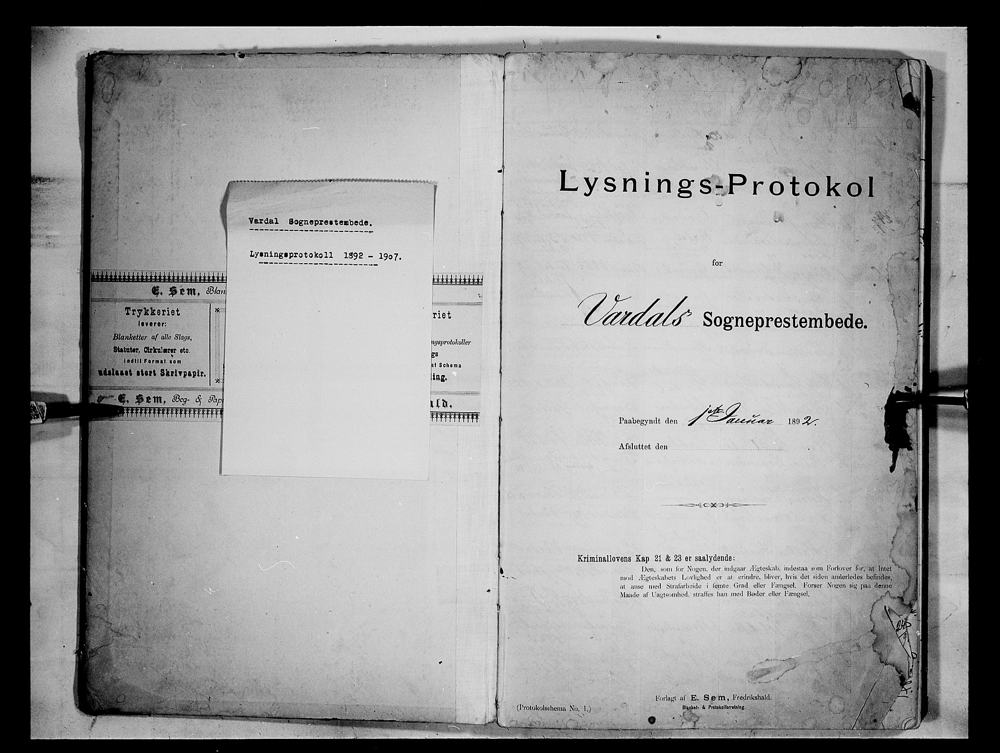 Vardal prestekontor, SAH/PREST-100/H/Ha/Hab/L0004: Banns register no. 4, 1892-1907