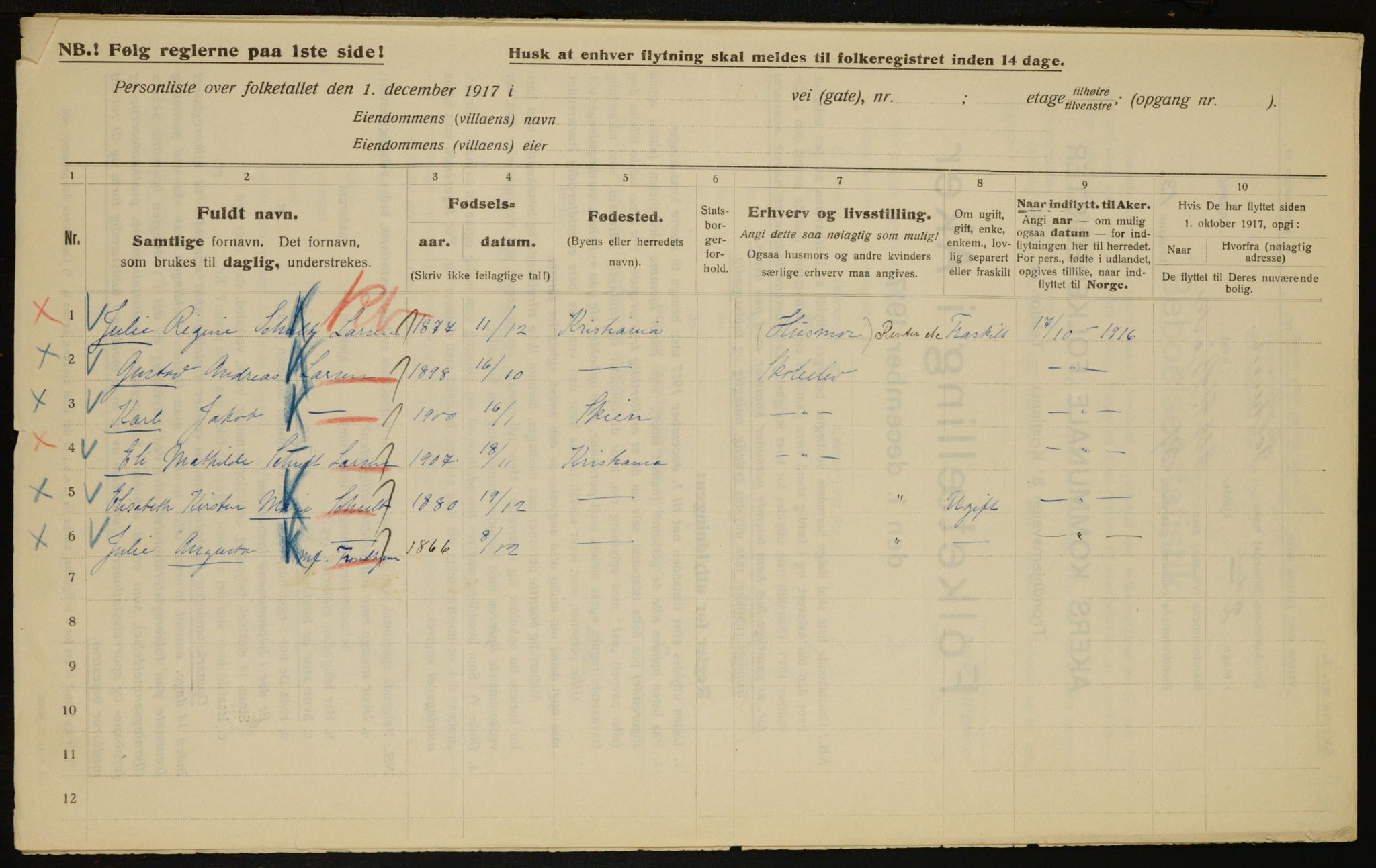 OBA, Municipal Census 1917 for Aker, 1917, p. 9586