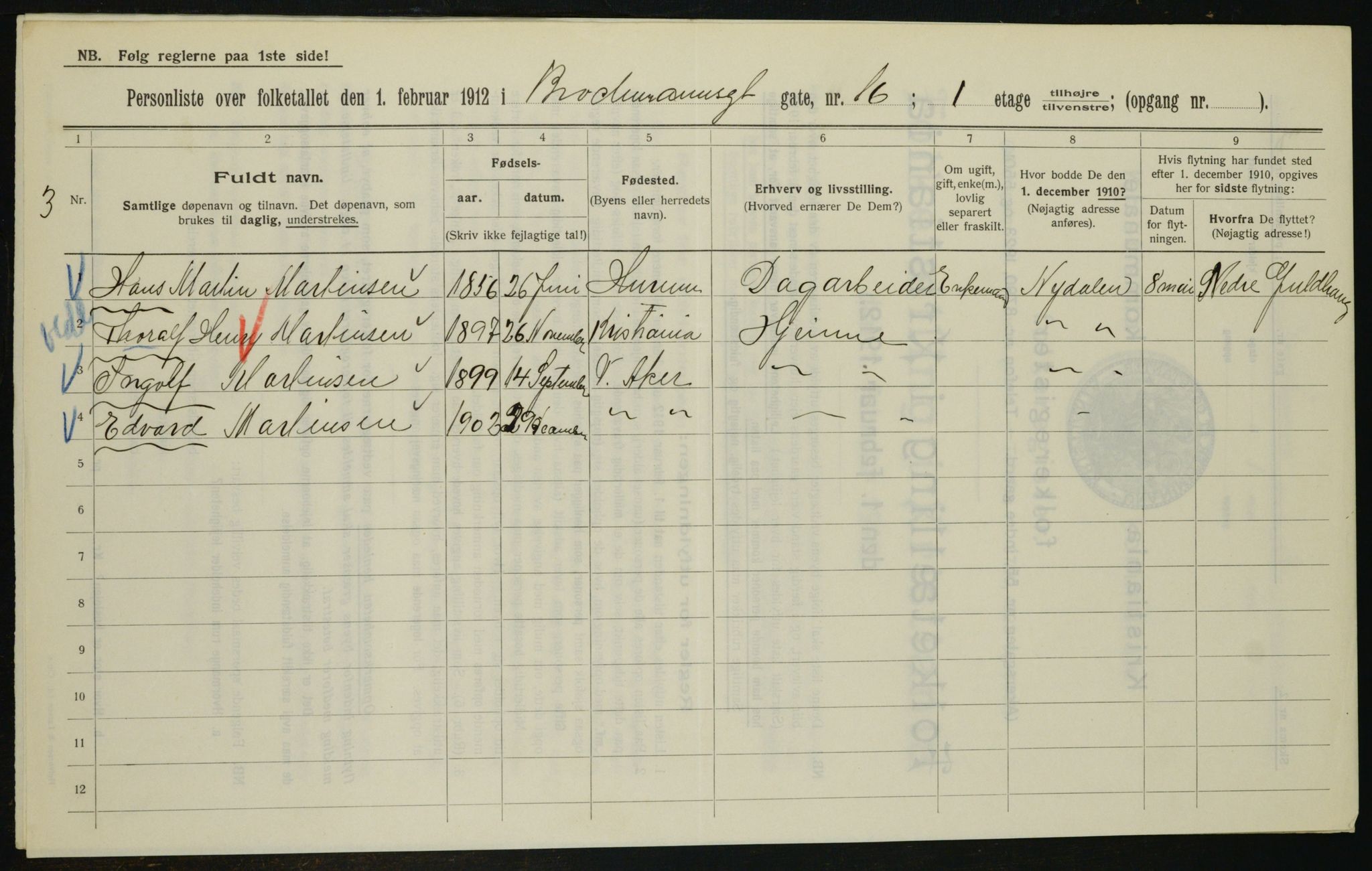 OBA, Municipal Census 1912 for Kristiania, 1912, p. 9535