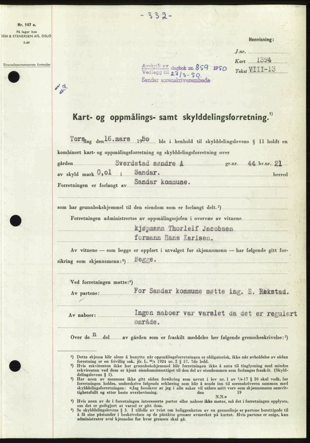 Sandar sorenskriveri, SAKO/A-86/G/Ga/Gaa/L0020: Mortgage book no. A-20, 1949-1950, Diary no: : 859/1950