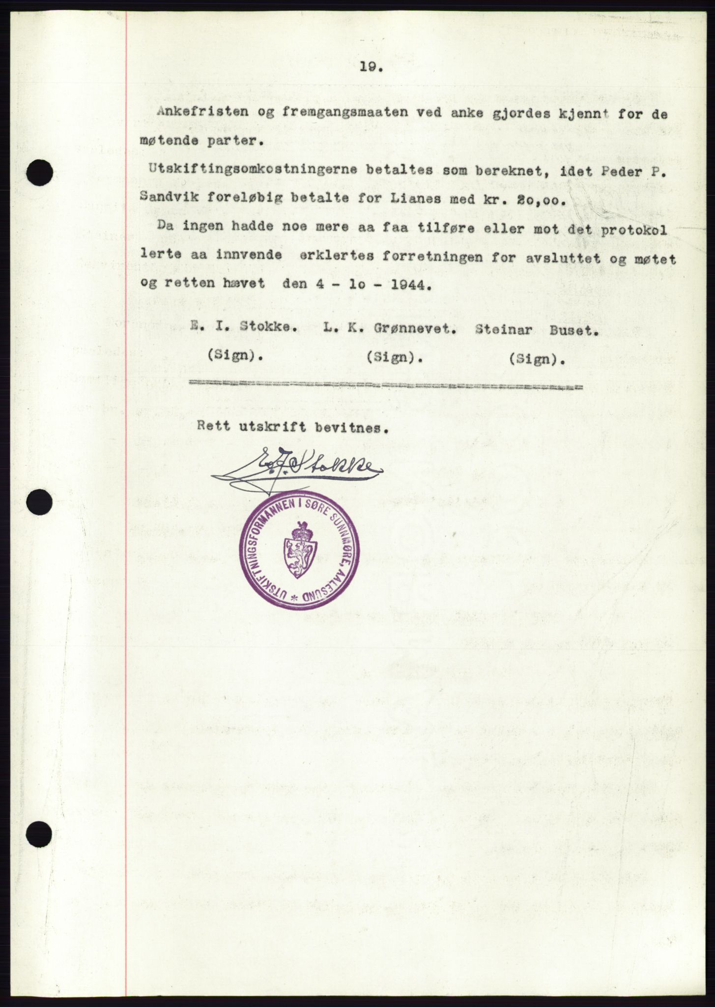 Søre Sunnmøre sorenskriveri, AV/SAT-A-4122/1/2/2C/L0076: Mortgage book no. 2A, 1943-1944, Diary no: : 1066/1944