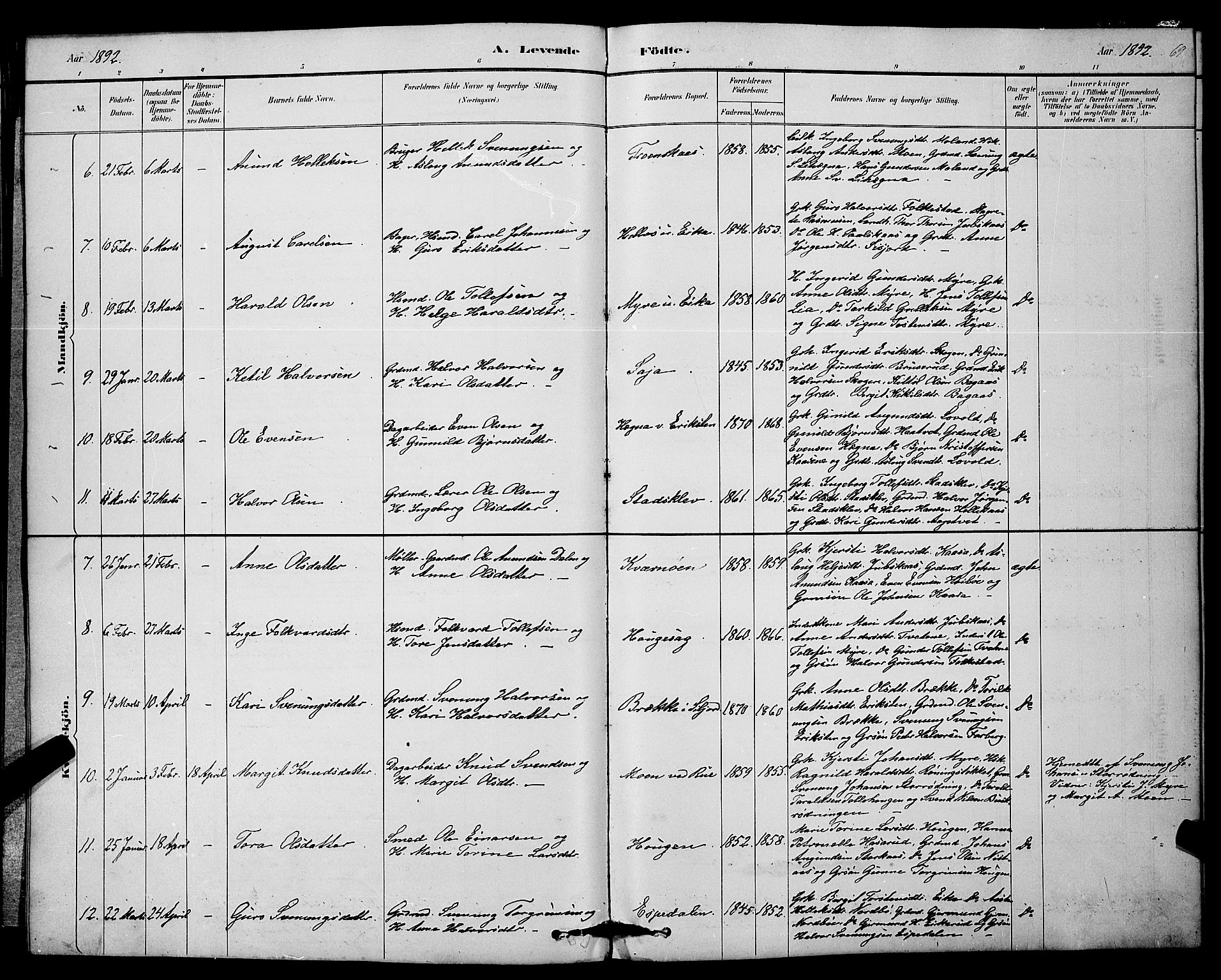 Bø kirkebøker, SAKO/A-257/G/Ga/L0005: Parish register (copy) no. 5, 1883-1897, p. 69