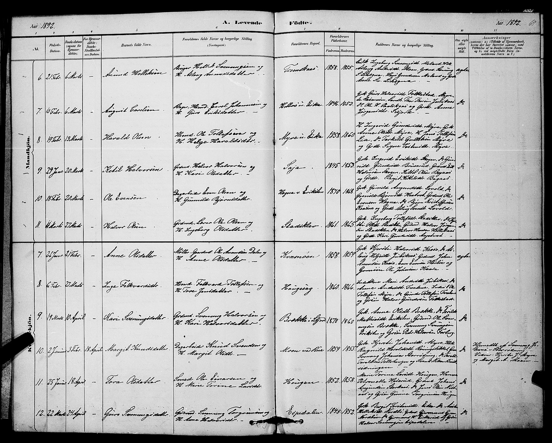 Bø kirkebøker, AV/SAKO-A-257/G/Ga/L0005: Parish register (copy) no. 5, 1883-1897, p. 69