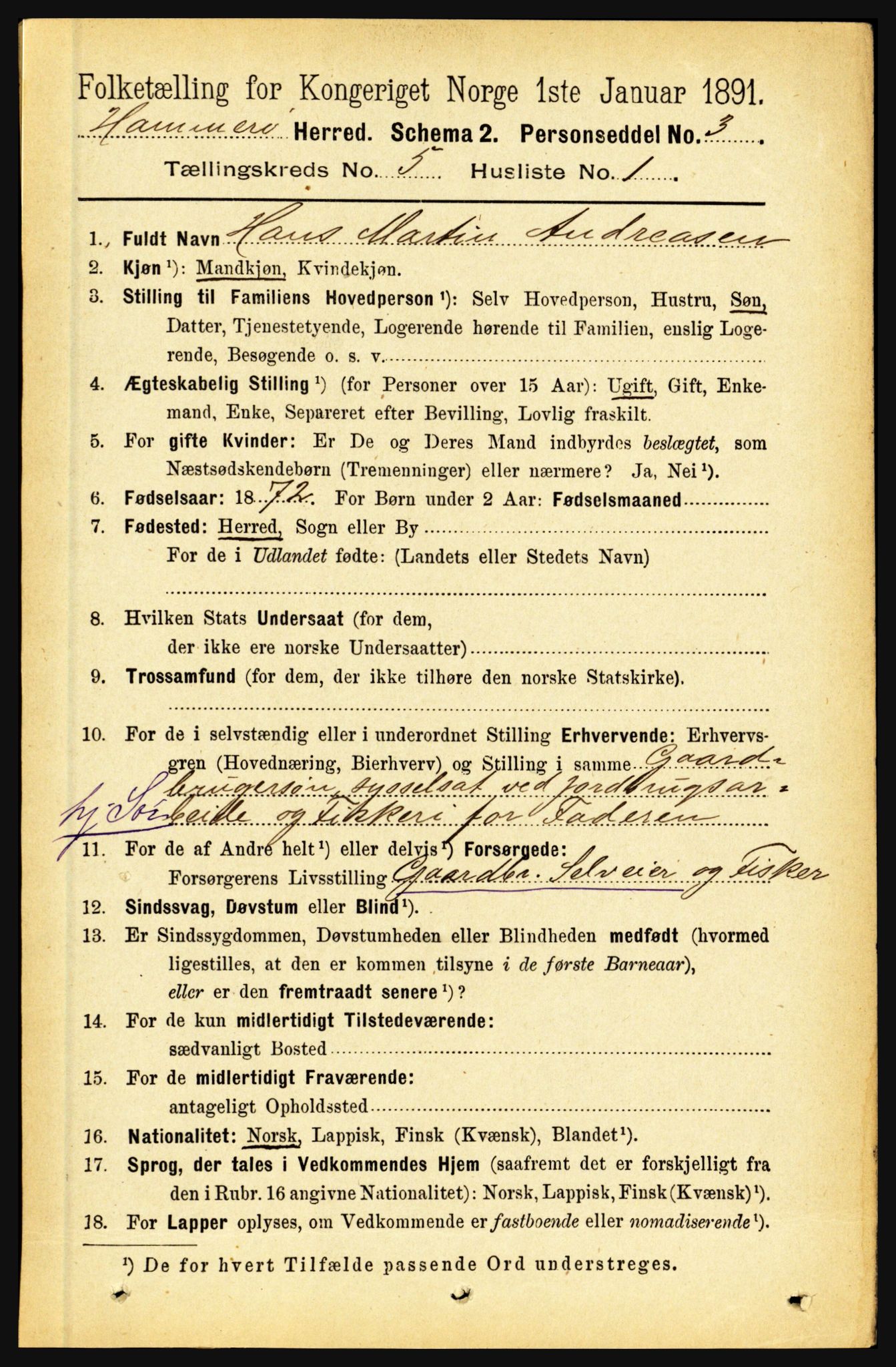 RA, 1891 census for 1849 Hamarøy, 1891, p. 2485