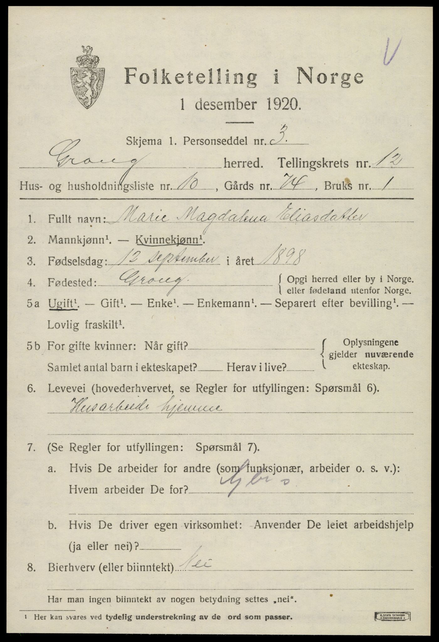 SAT, 1920 census for Grong, 1920, p. 6709