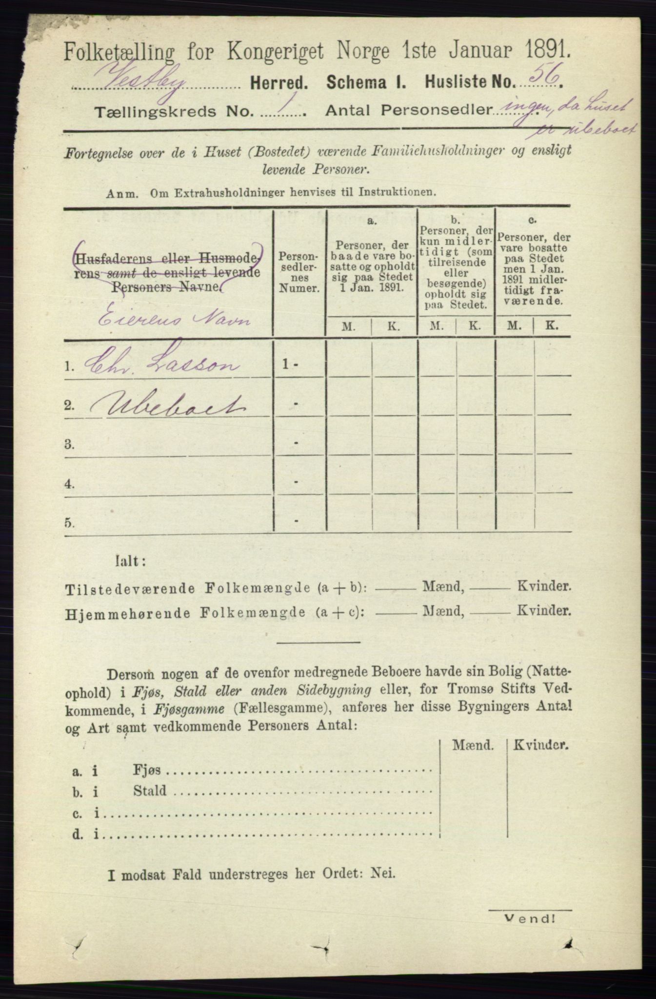 RA, 1891 census for 0211 Vestby, 1891, p. 77