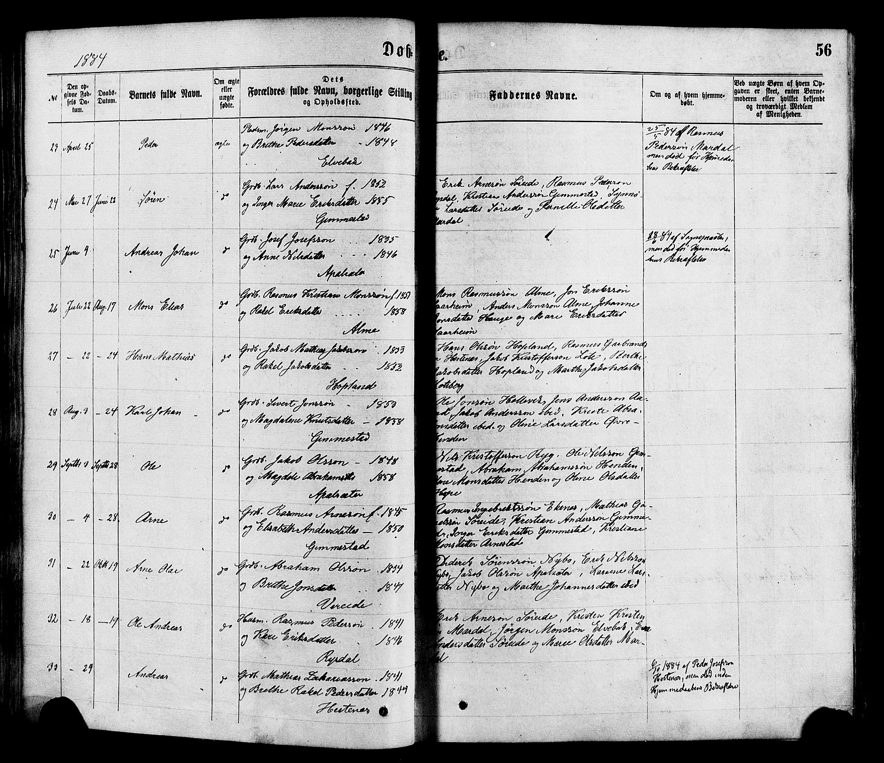 Gloppen sokneprestembete, SAB/A-80101/H/Haa/Haaa/L0010: Parish register (official) no. A 10, 1871-1884, p. 56