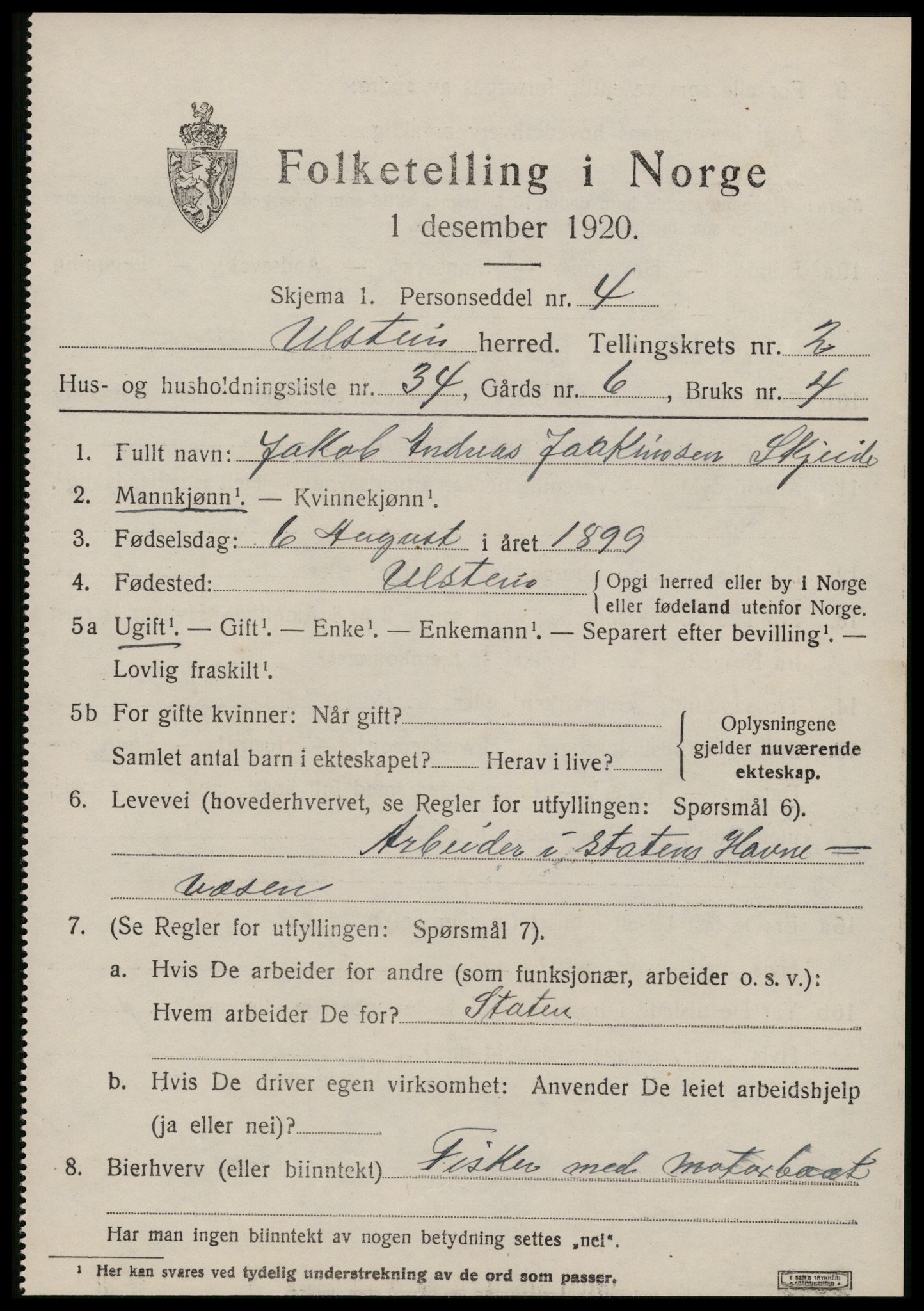 SAT, 1920 census for Ulstein, 1920, p. 1614