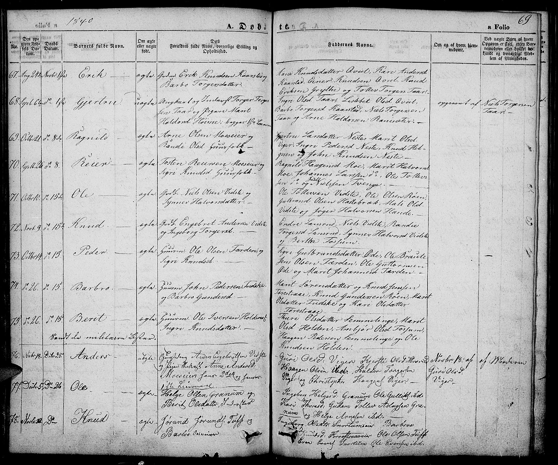 Slidre prestekontor, SAH/PREST-134/H/Ha/Haa/L0003: Parish register (official) no. 3, 1831-1843, p. 69