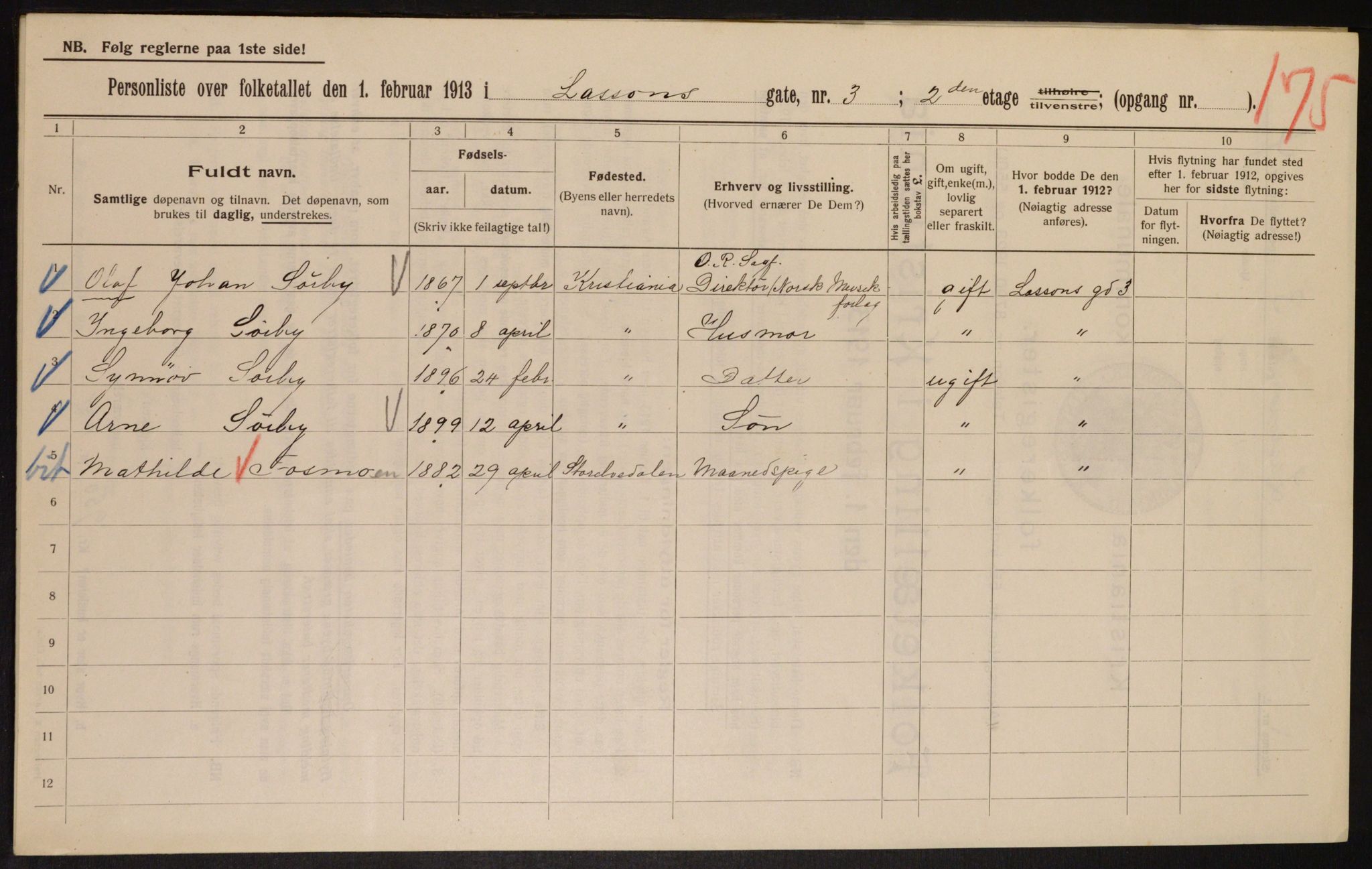 OBA, Municipal Census 1913 for Kristiania, 1913, p. 56998