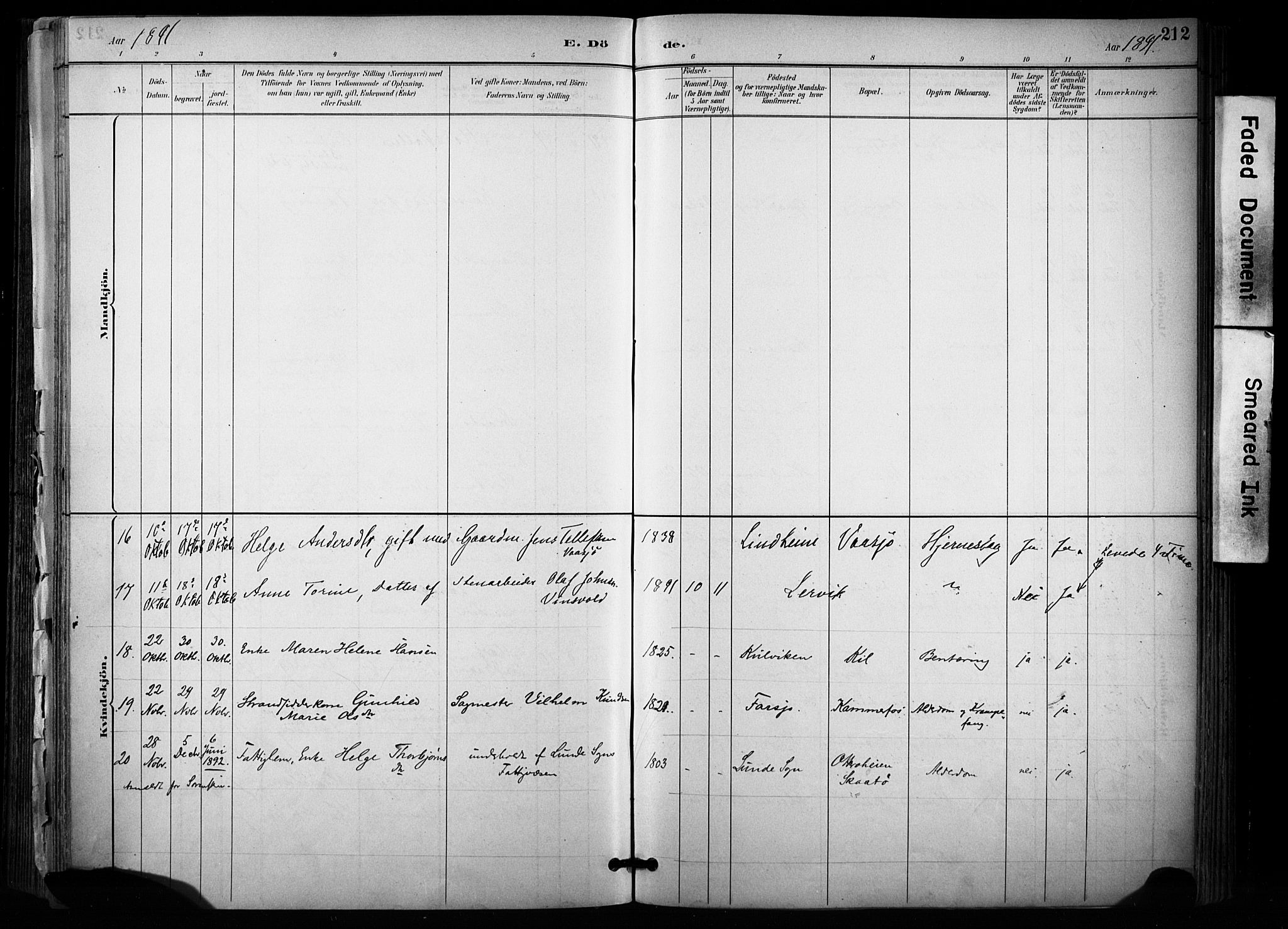 Sannidal kirkebøker, SAKO/A-296/F/Fa/L0015: Parish register (official) no. 15, 1884-1899, p. 212
