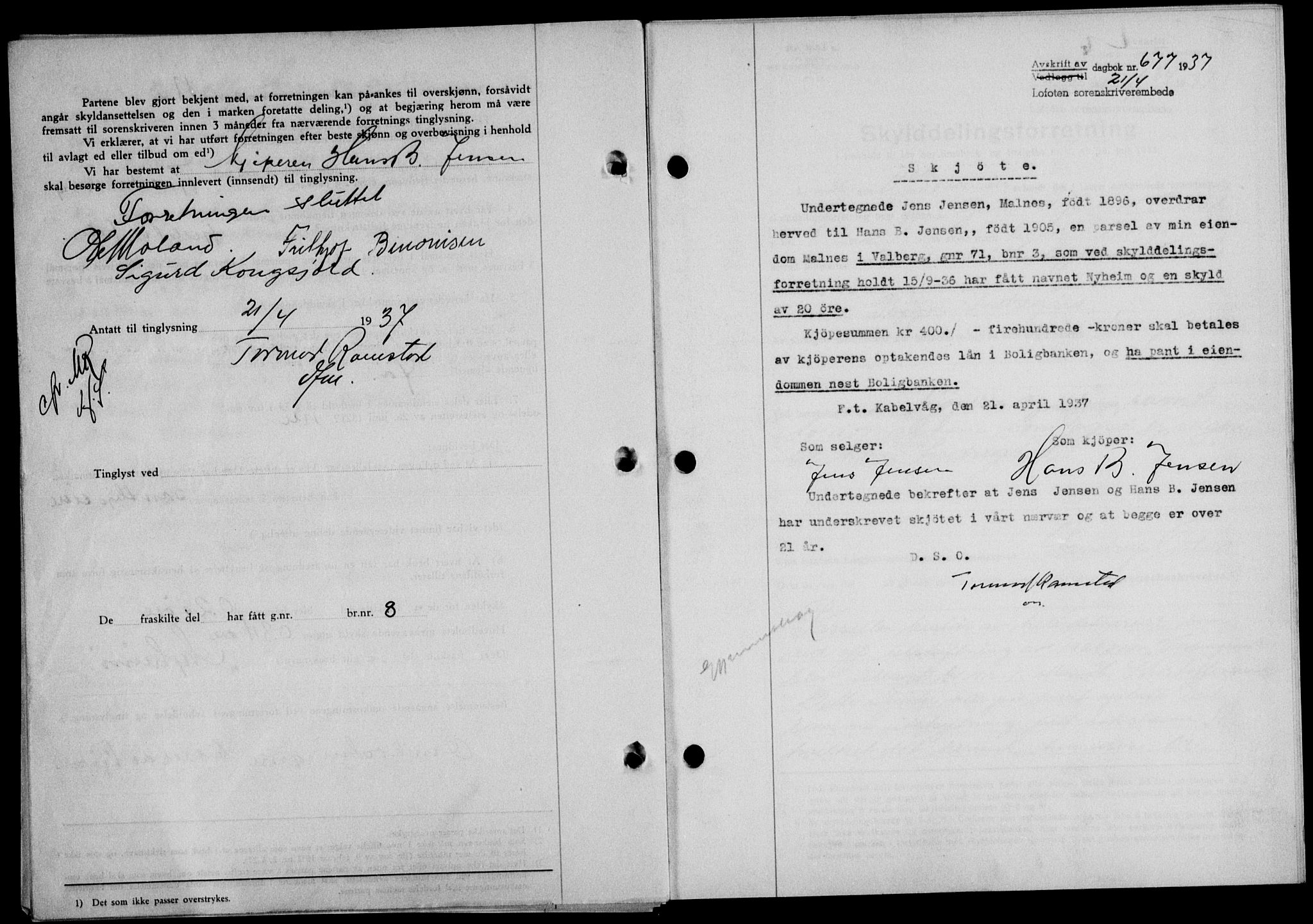 Lofoten sorenskriveri, SAT/A-0017/1/2/2C/L0002a: Mortgage book no. 2a, 1937-1937, Diary no: : 677/1937