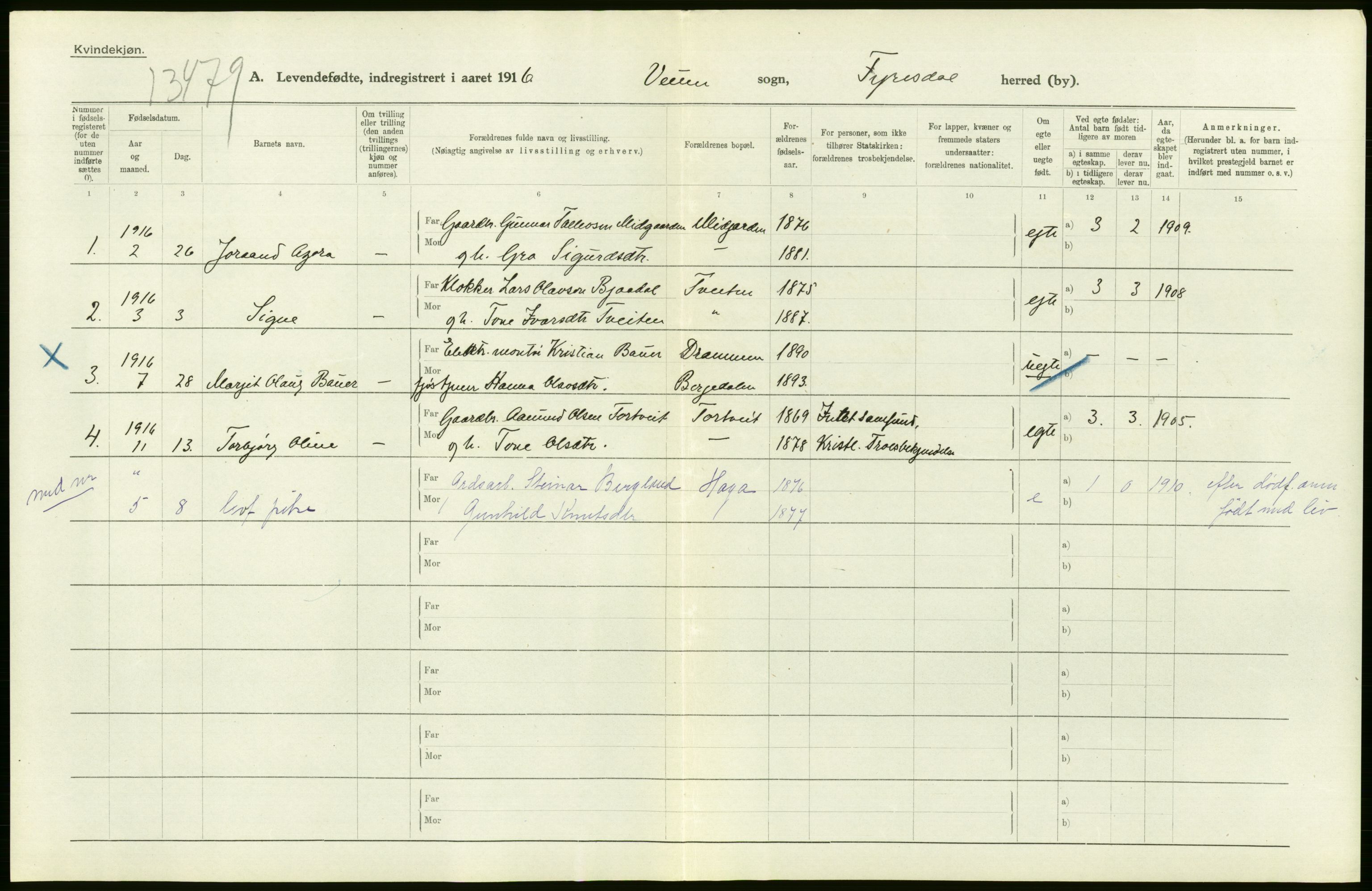 Statistisk sentralbyrå, Sosiodemografiske emner, Befolkning, AV/RA-S-2228/D/Df/Dfb/Dfbf/L0022: Bratsberg amt: Levendefødte menn og kvinner. Bygder., 1916, p. 48