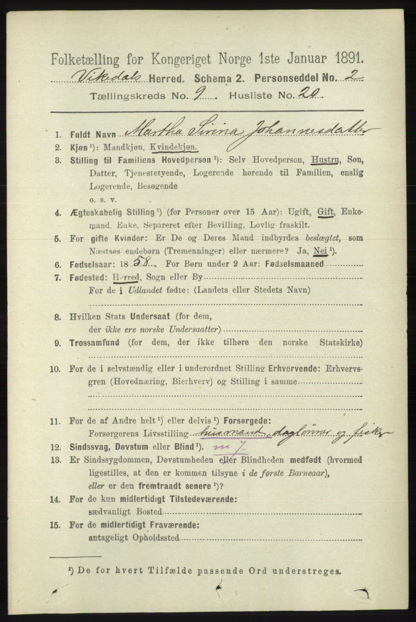 RA, 1891 census for 1157 Vikedal, 1891, p. 2455