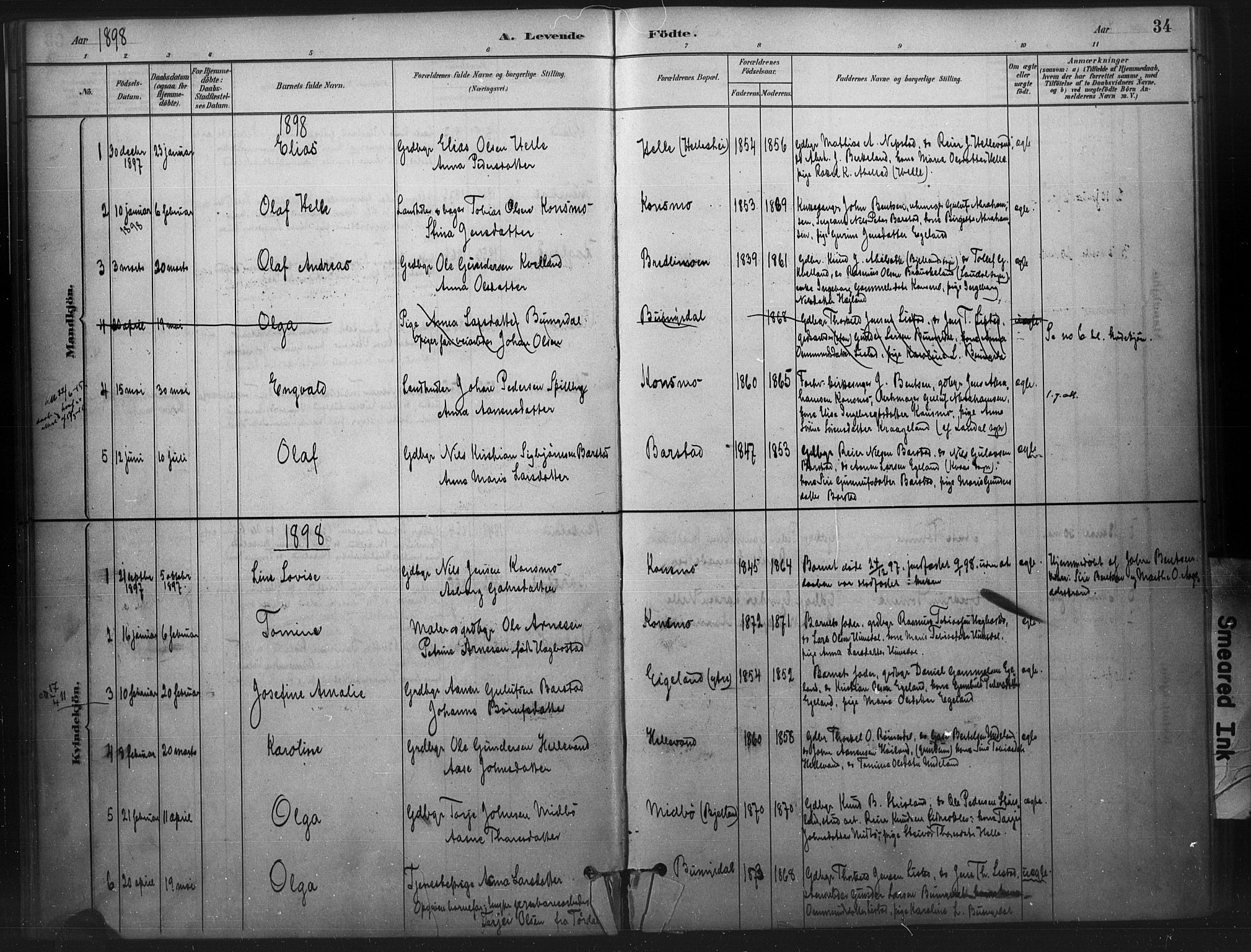 Nord-Audnedal sokneprestkontor, SAK/1111-0032/F/Fa/Faa/L0003: Parish register (official) no. A 3, 1882-1900, p. 34