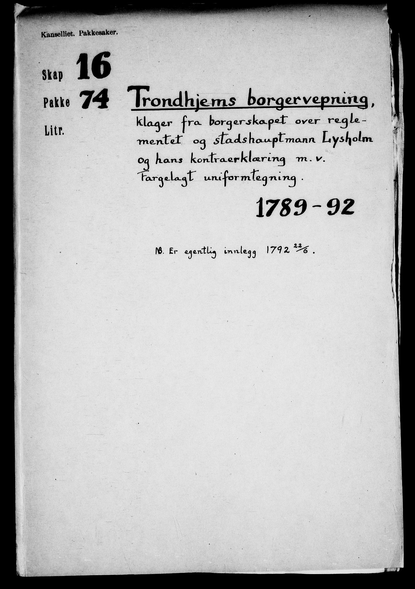 Danske Kanselli, Skapsaker, RA/EA-4061/F/L0126: Skap 16, pakke 74-76 II, 1789-1792, p. 2