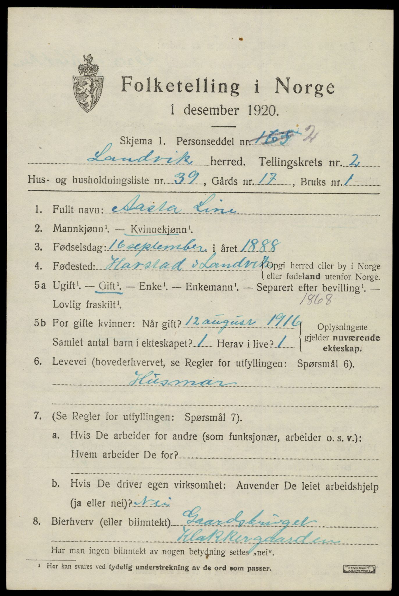 SAK, 1920 census for Landvik, 1920, p. 2096