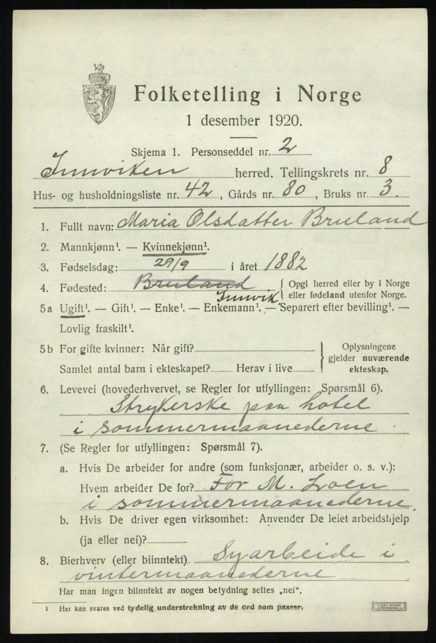 SAB, 1920 census for Innvik, 1920, p. 3889