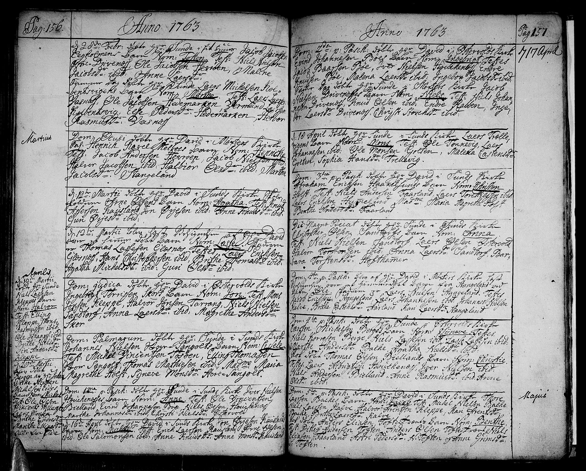 Sund sokneprestembete, AV/SAB-A-99930: Parish register (official) no. A 4, 1748-1769, p. 156-157