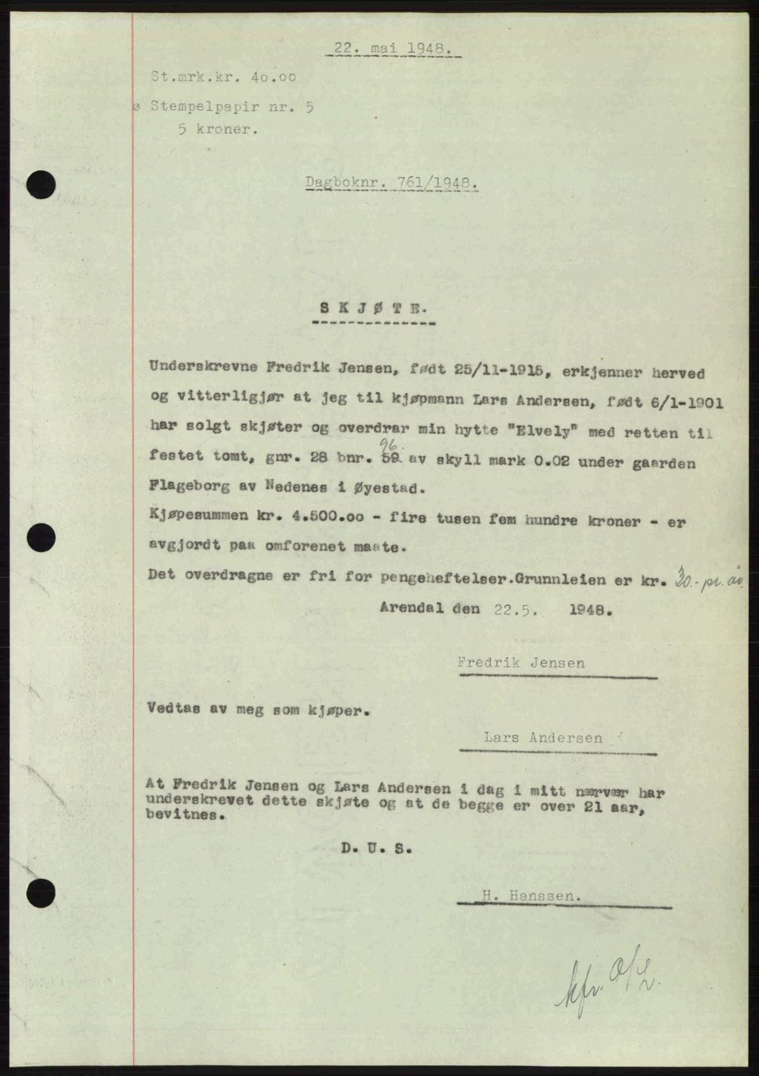 Nedenes sorenskriveri, SAK/1221-0006/G/Gb/Gba/L0059: Mortgage book no. A11, 1948-1948, Diary no: : 761/1948