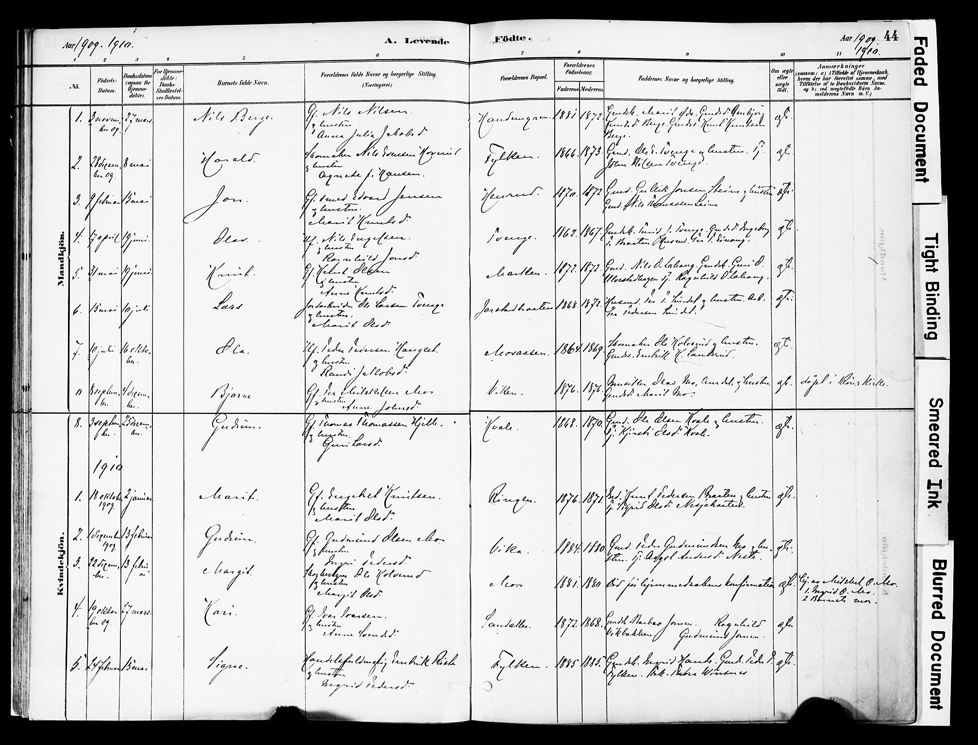Vestre Slidre prestekontor, SAH/PREST-136/H/Ha/Haa/L0004: Parish register (official) no. 4, 1881-1911, p. 44