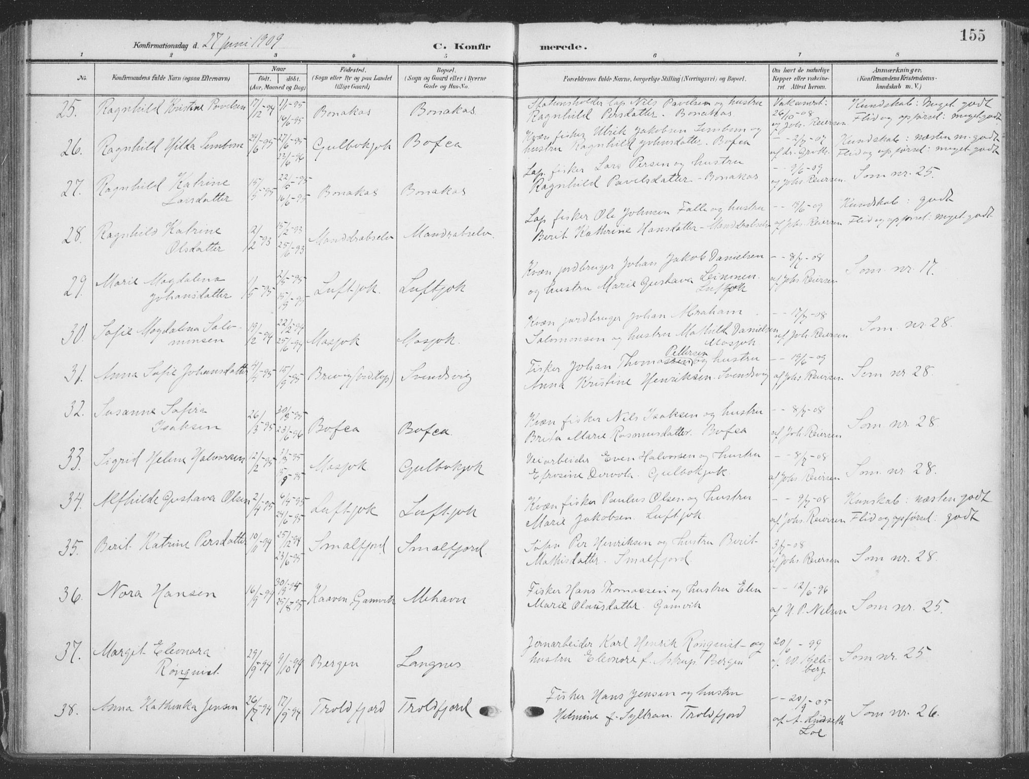 Tana sokneprestkontor, SATØ/S-1334/H/Ha/L0007kirke: Parish register (official) no. 7, 1904-1918, p. 155